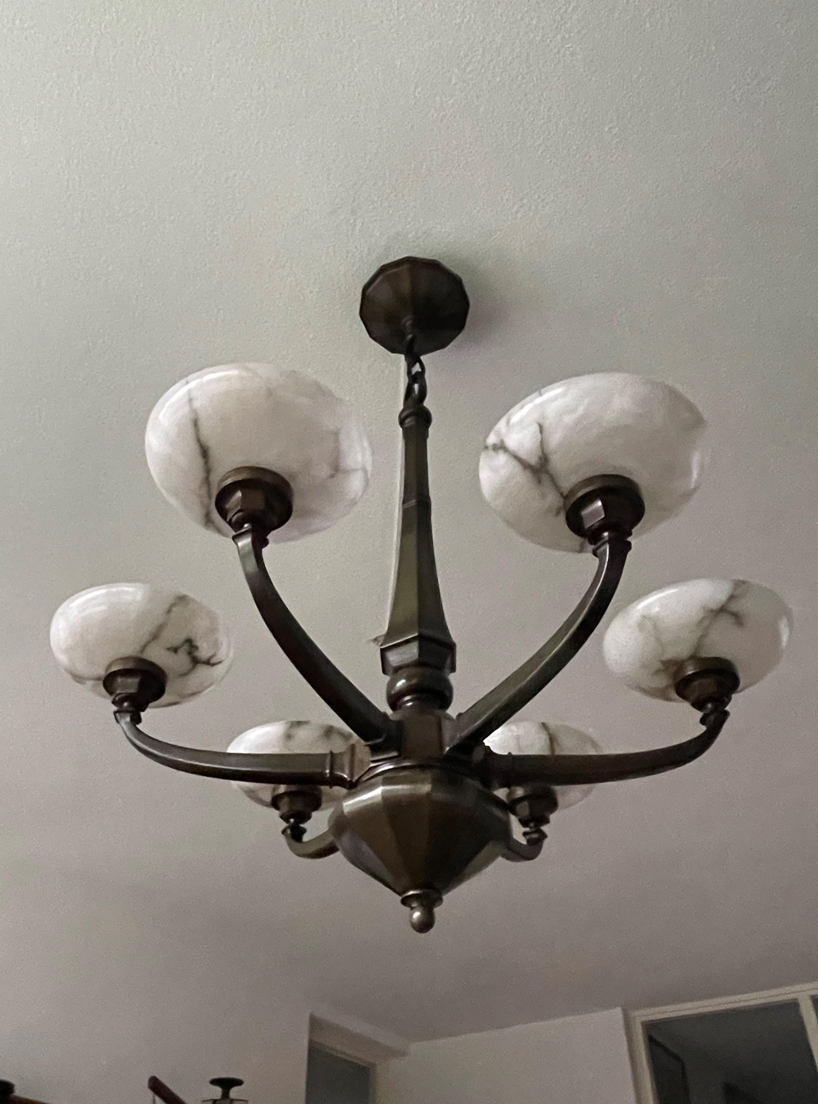 Large & Stunning Antique Bronze Chandelier / Pendant with Six Alabaster Shades 5
