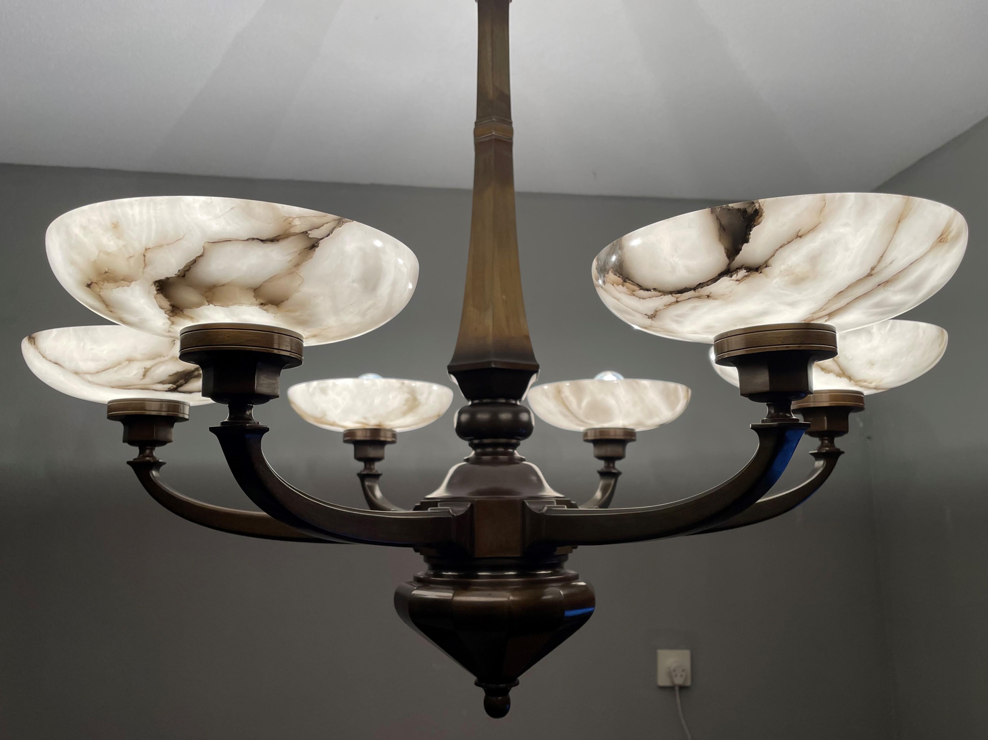 Large & Stunning Antique Bronze Chandelier / Pendant with Six Alabaster Shades For Sale 8