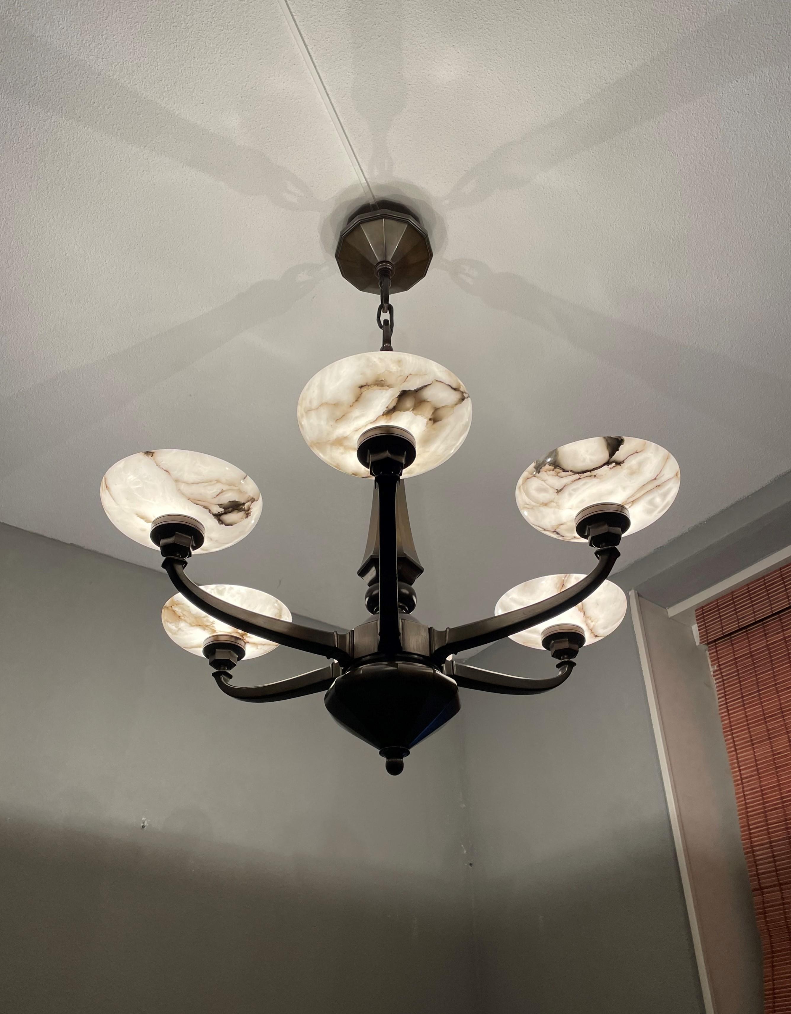 Large & Stunning Antique Bronze Chandelier / Pendant with Six Alabaster Shades 9