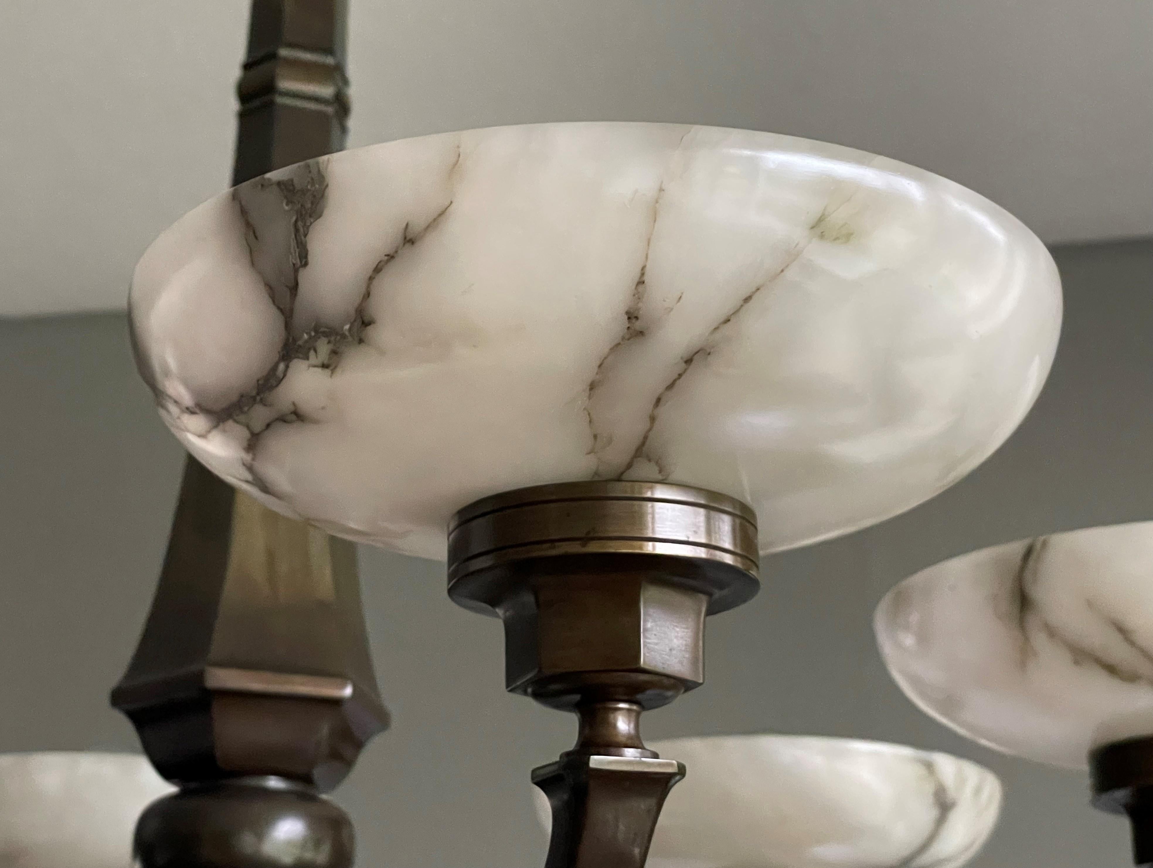 Large & Stunning Antique Bronze Chandelier / Pendant with Six Alabaster Shades 11