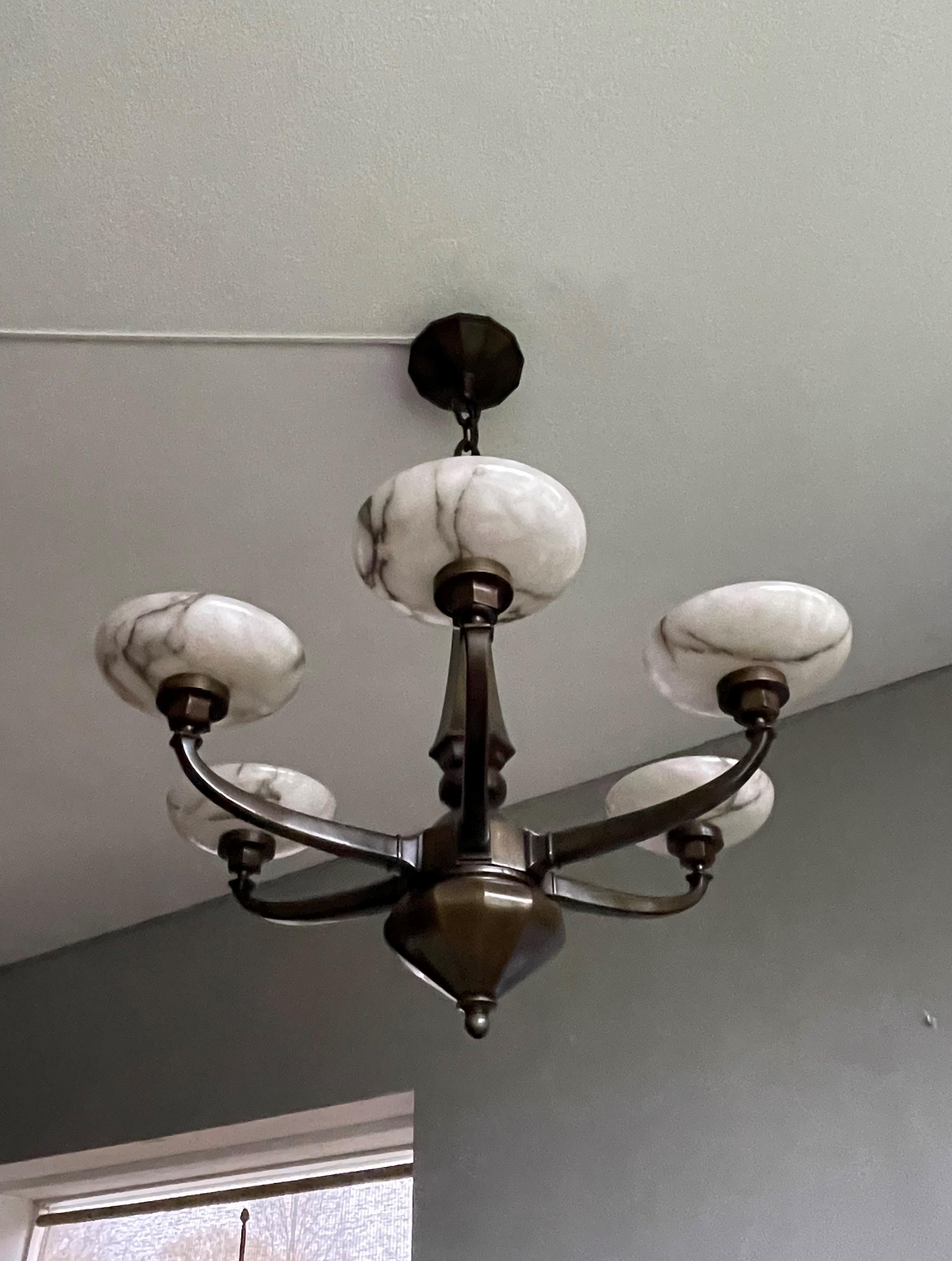 Large & Stunning Antique Bronze Chandelier / Pendant with Six Alabaster Shades For Sale 12