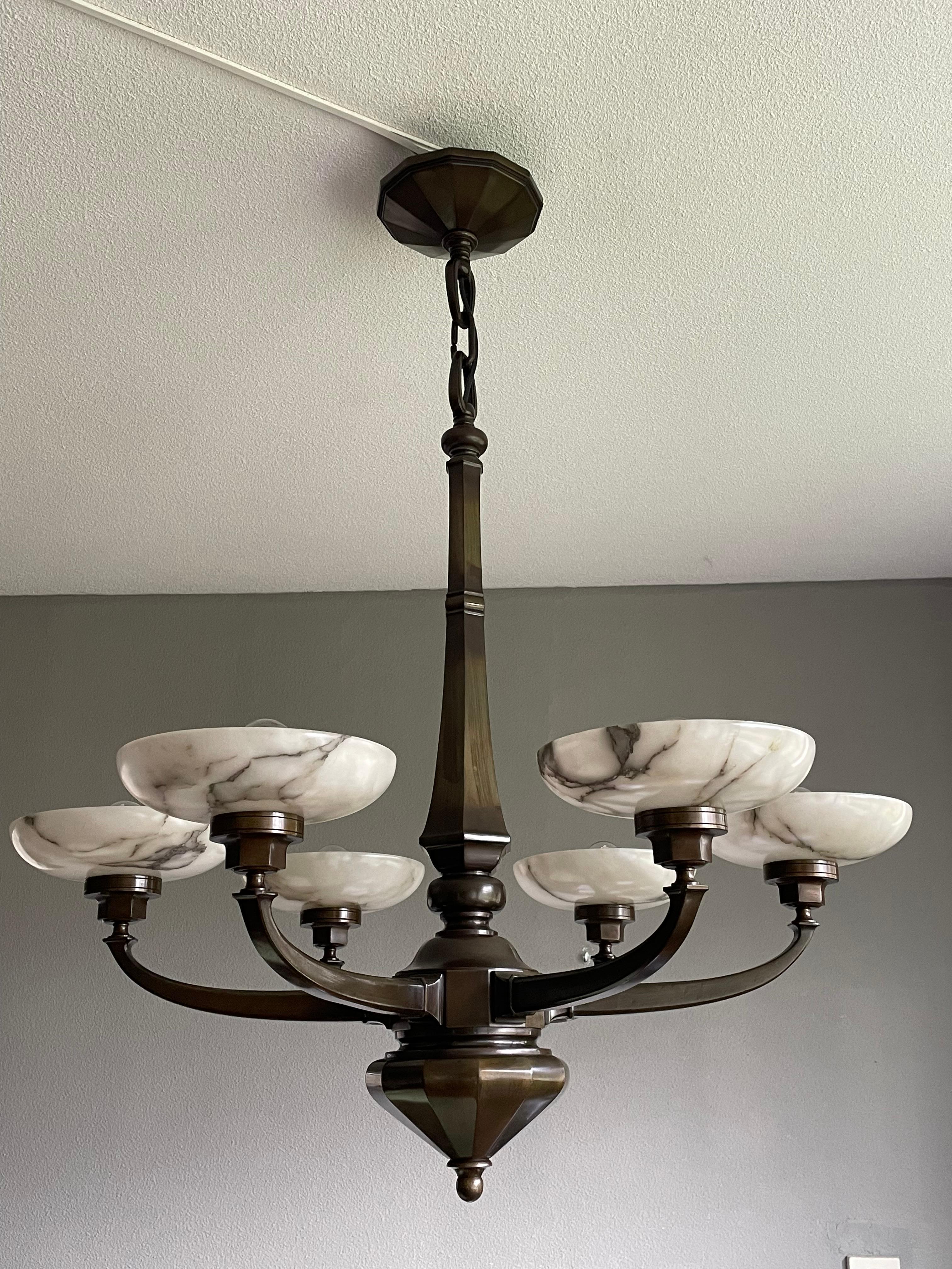 Art Deco Large & Stunning Antique Bronze Chandelier / Pendant with Six Alabaster Shades For Sale