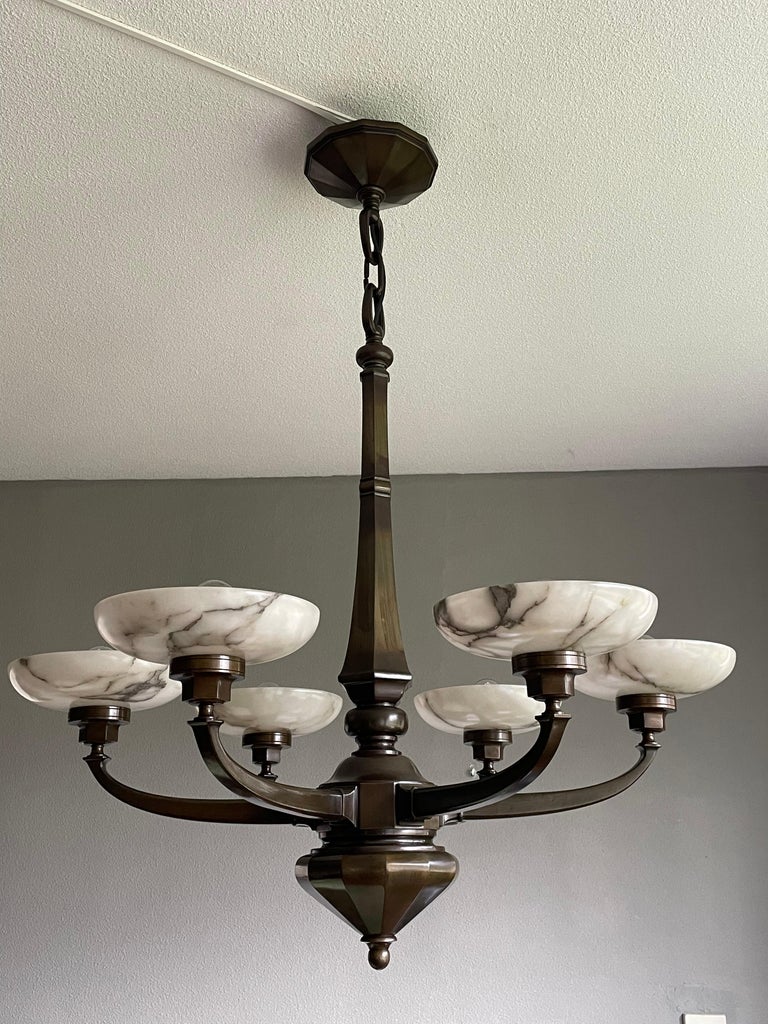 Large and Stunning Antique Bronze Chandelier / Pendant with Six Alabaster Shades For Sale at 1stDibs
