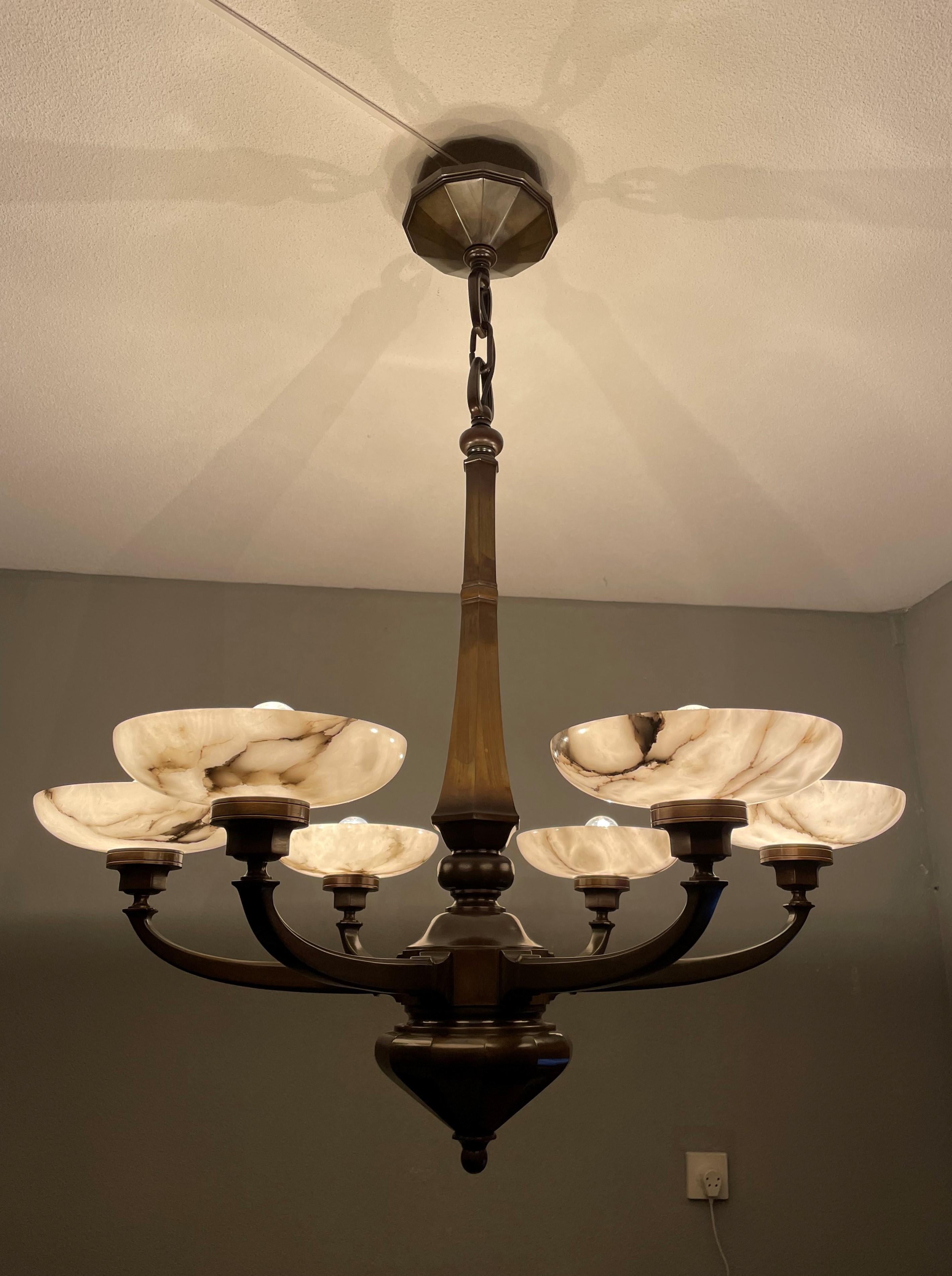European Large & Stunning Antique Bronze Chandelier / Pendant with Six Alabaster Shades For Sale