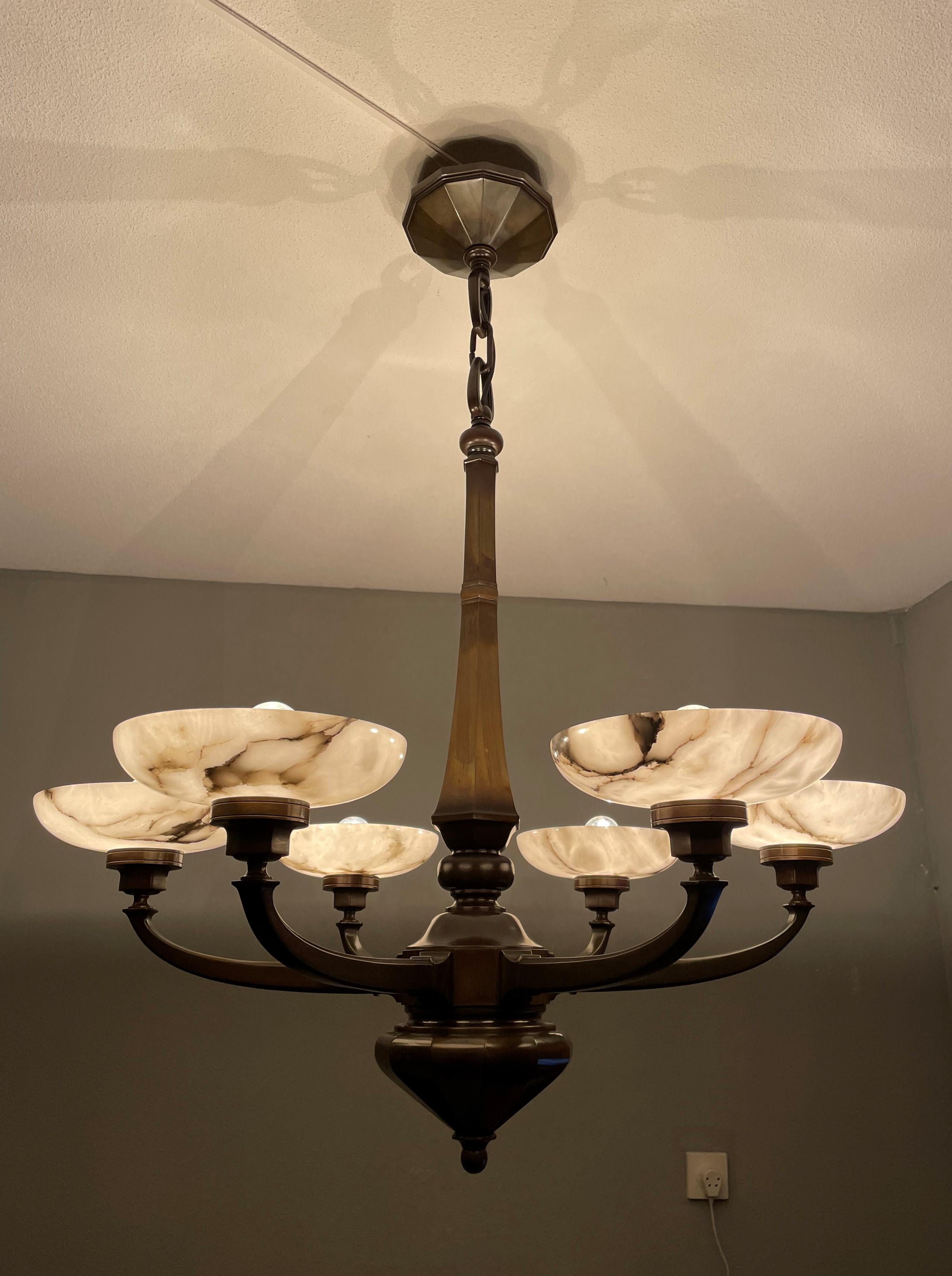 European Large & Stunning Antique Bronze Chandelier / Pendant with Six Alabaster Shades