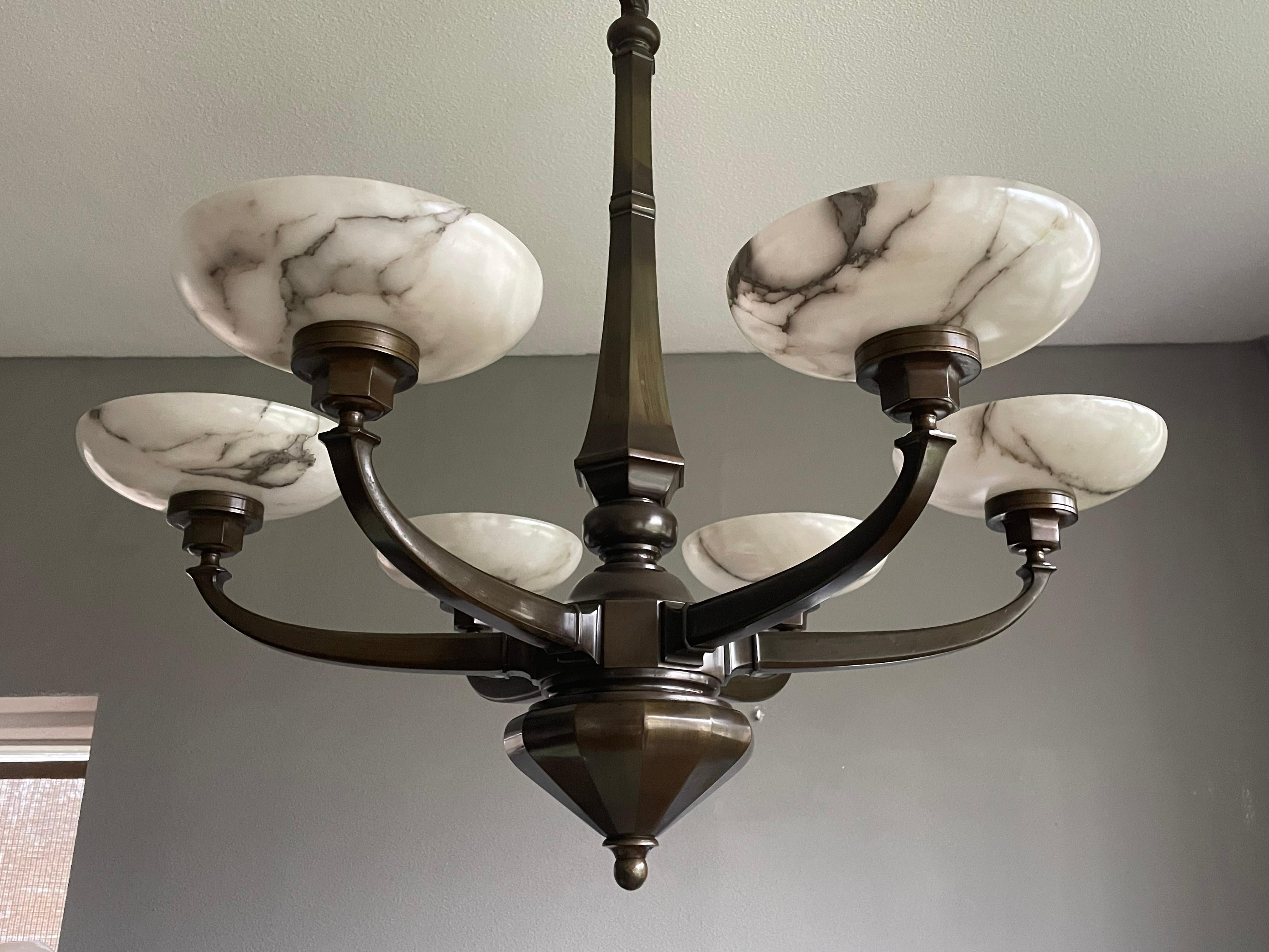 Hand-Carved Large & Stunning Antique Bronze Chandelier / Pendant with Six Alabaster Shades For Sale