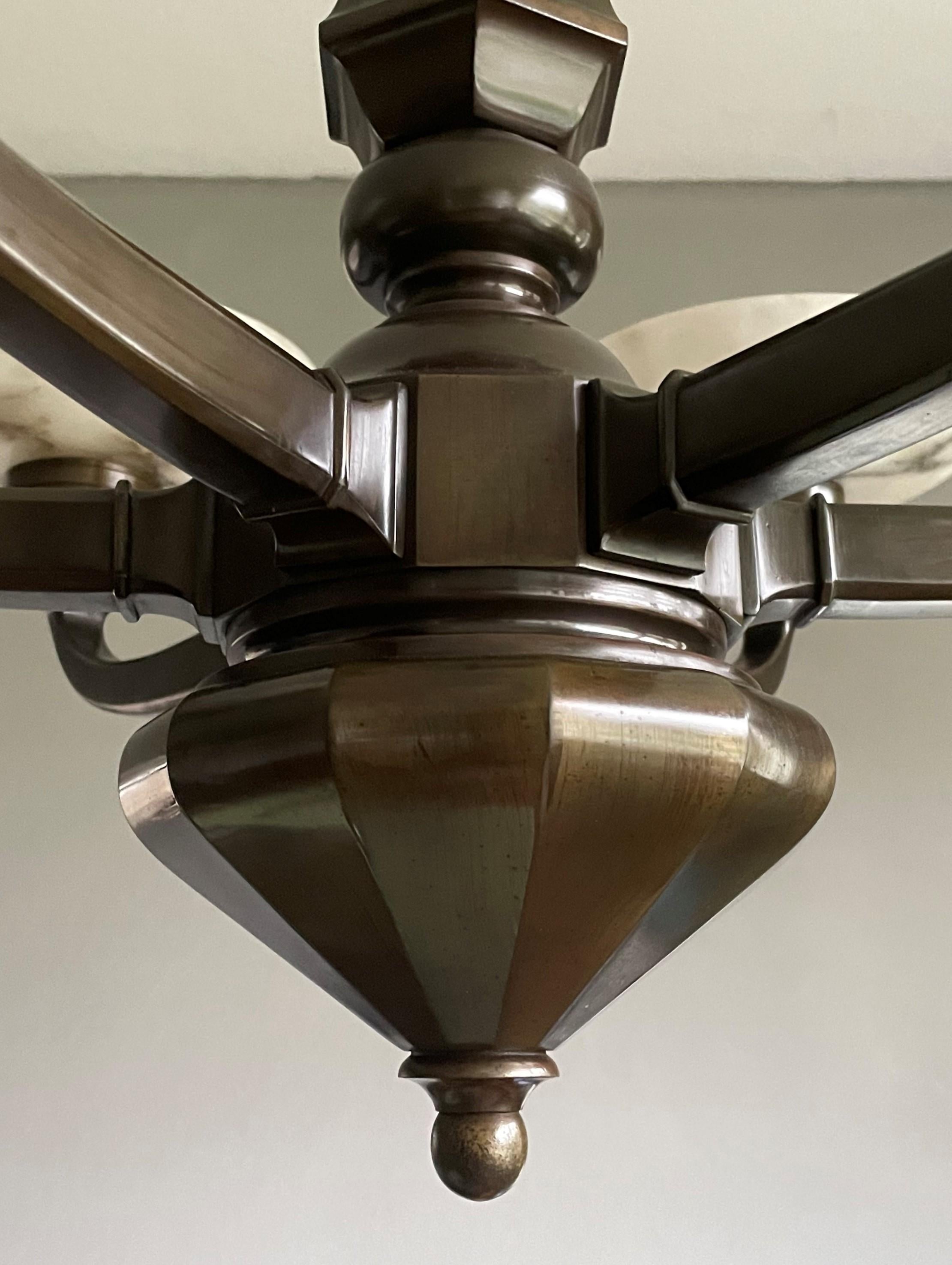 20th Century Large & Stunning Antique Bronze Chandelier / Pendant with Six Alabaster Shades