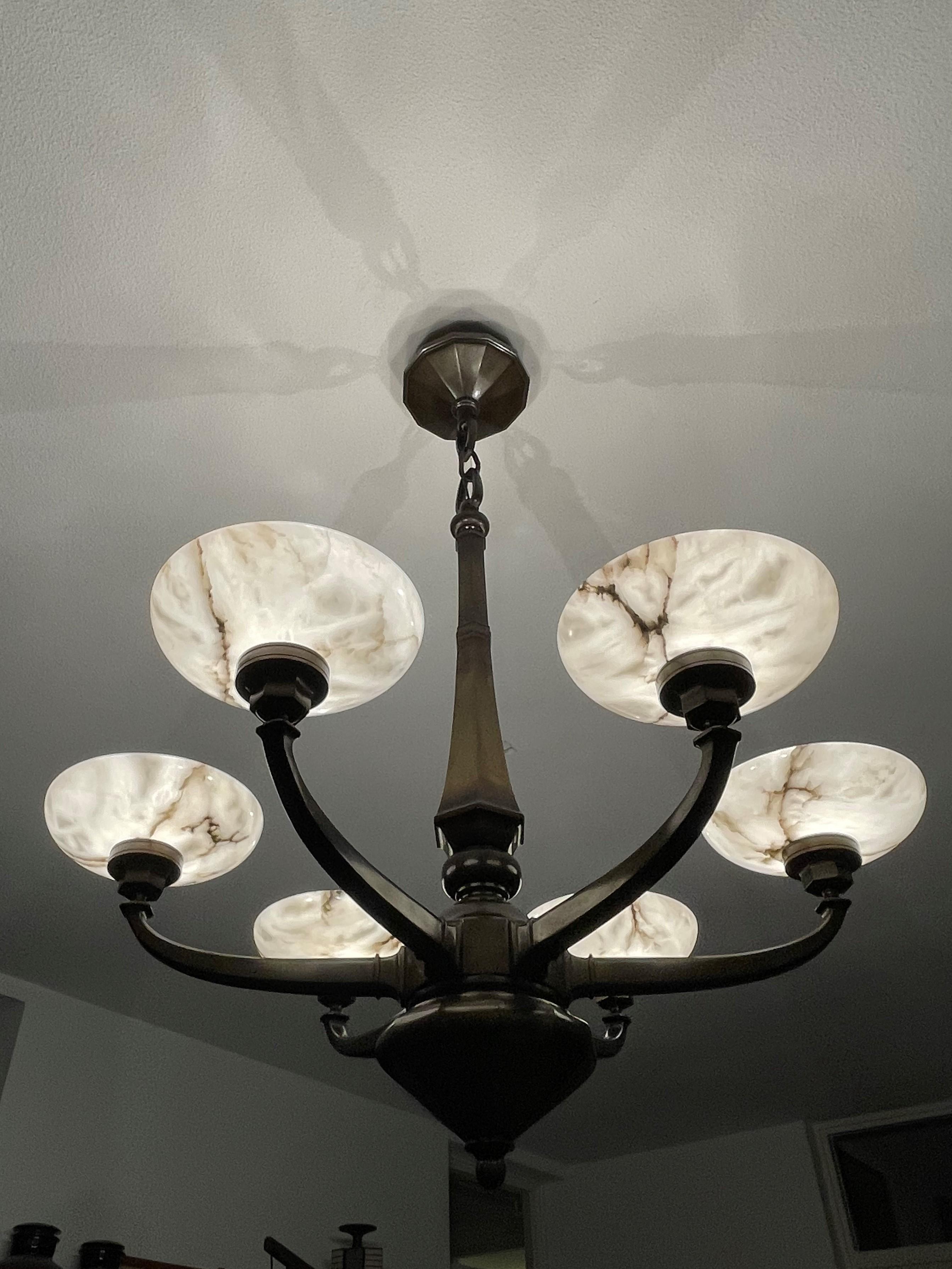 Large & Stunning Antique Bronze Chandelier / Pendant with Six Alabaster Shades 1