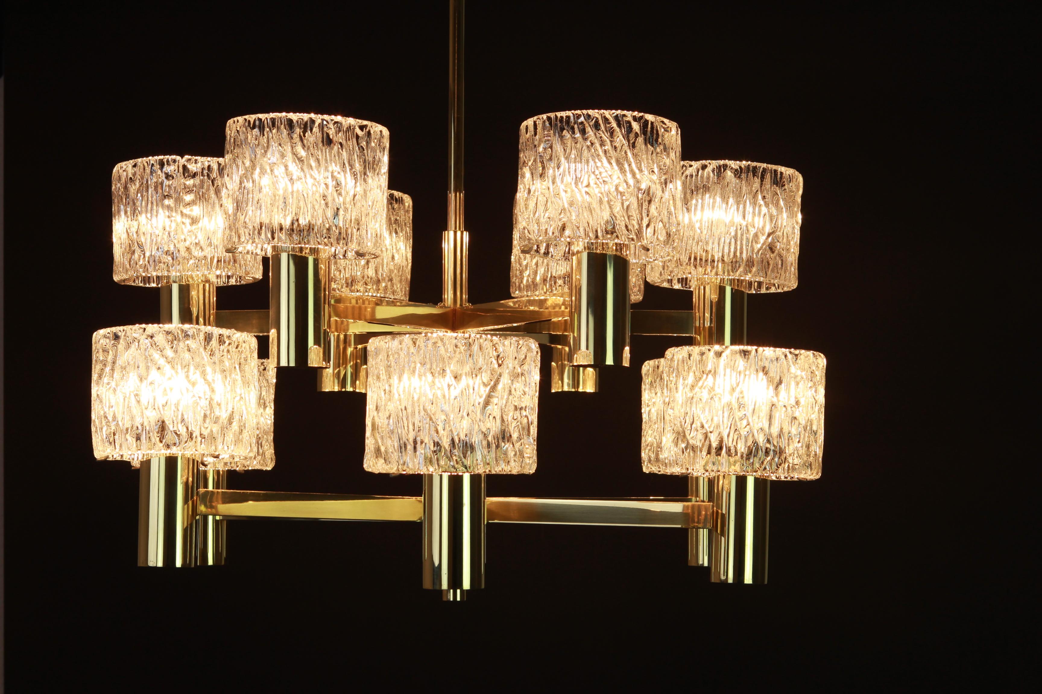 Large Stunning Brass Murano Glass Chandelier by Hillebrand, Germany, 1970s 2