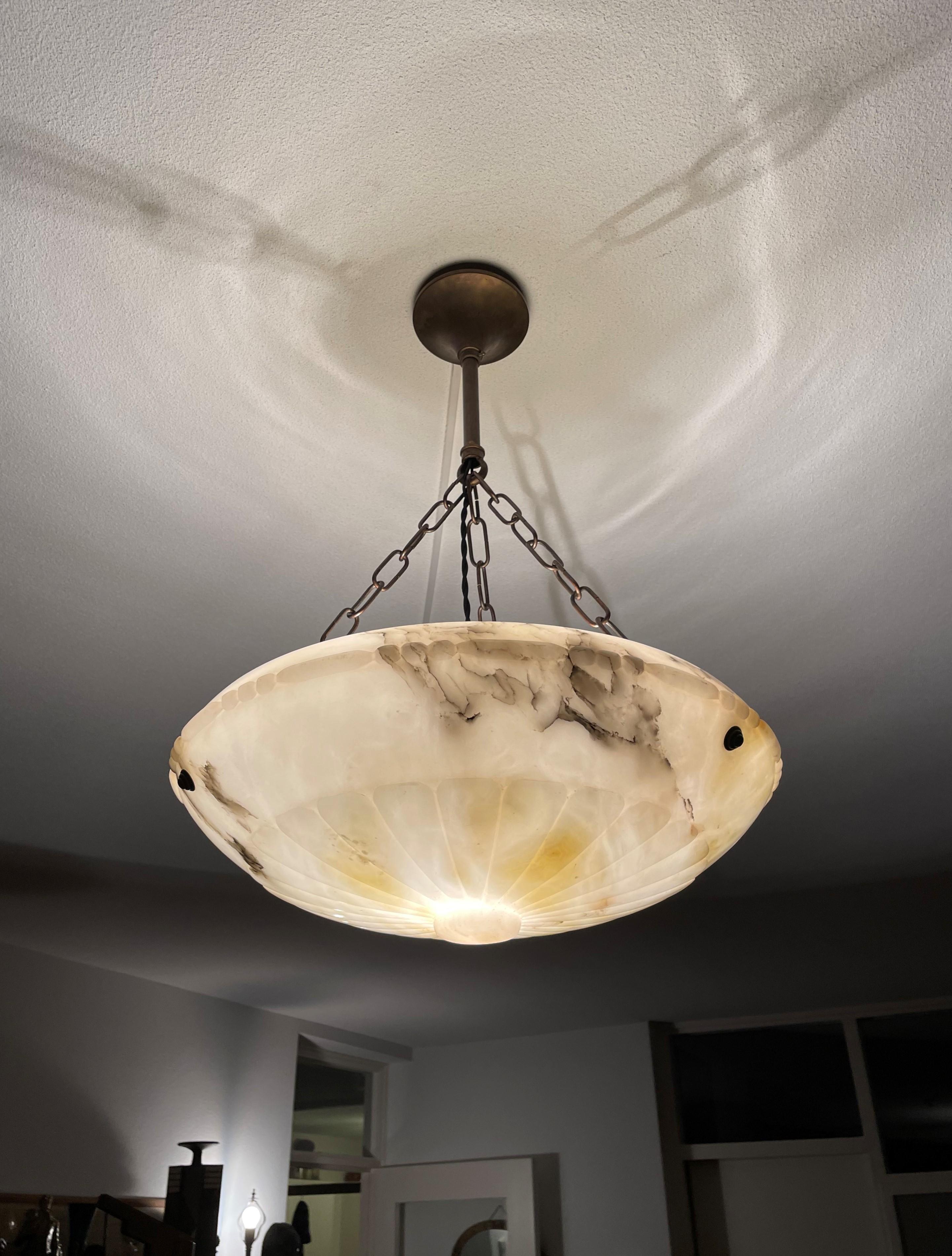 20th Century Large & Stunning Design Antique Alabaster Chandelier / Pendant with Brass Canopy