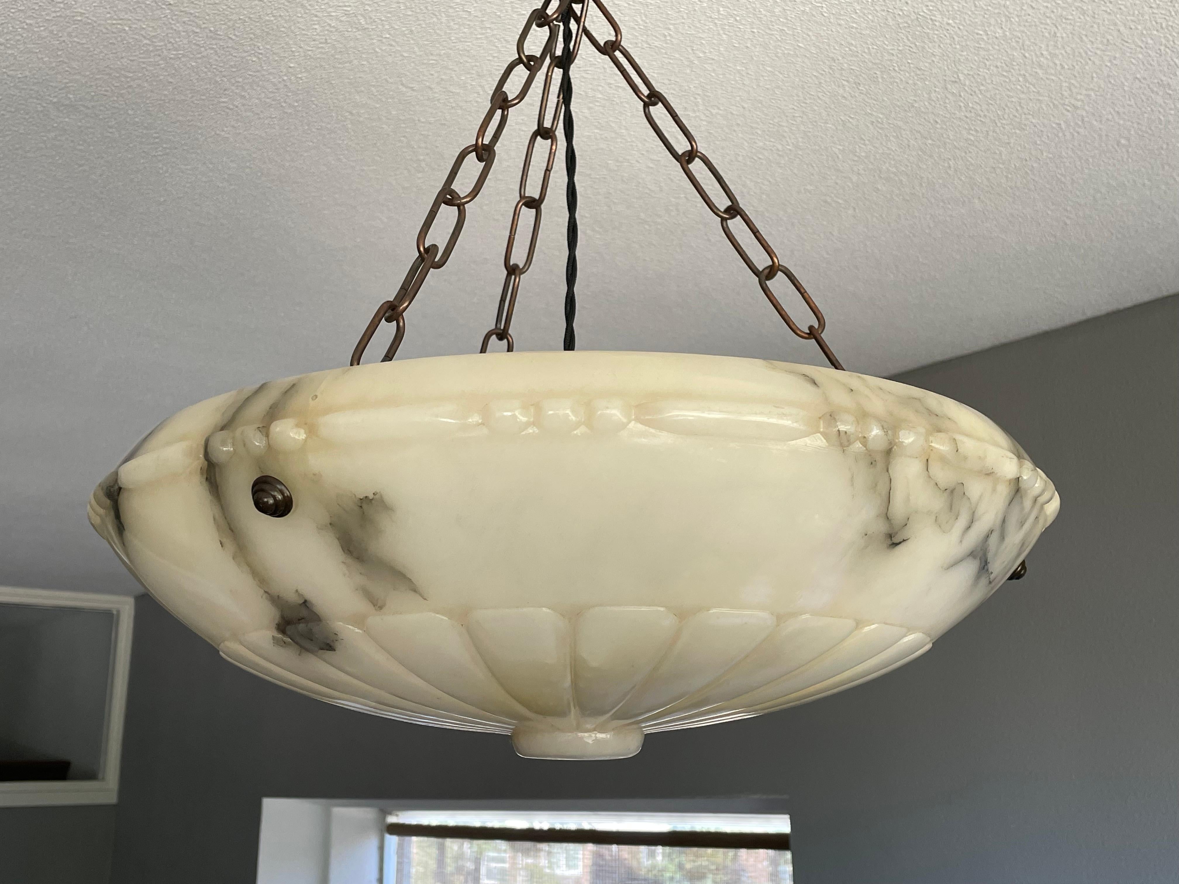 Italian Large & Stunning Design Antique Alabaster Chandelier / Pendant with Brass Canopy