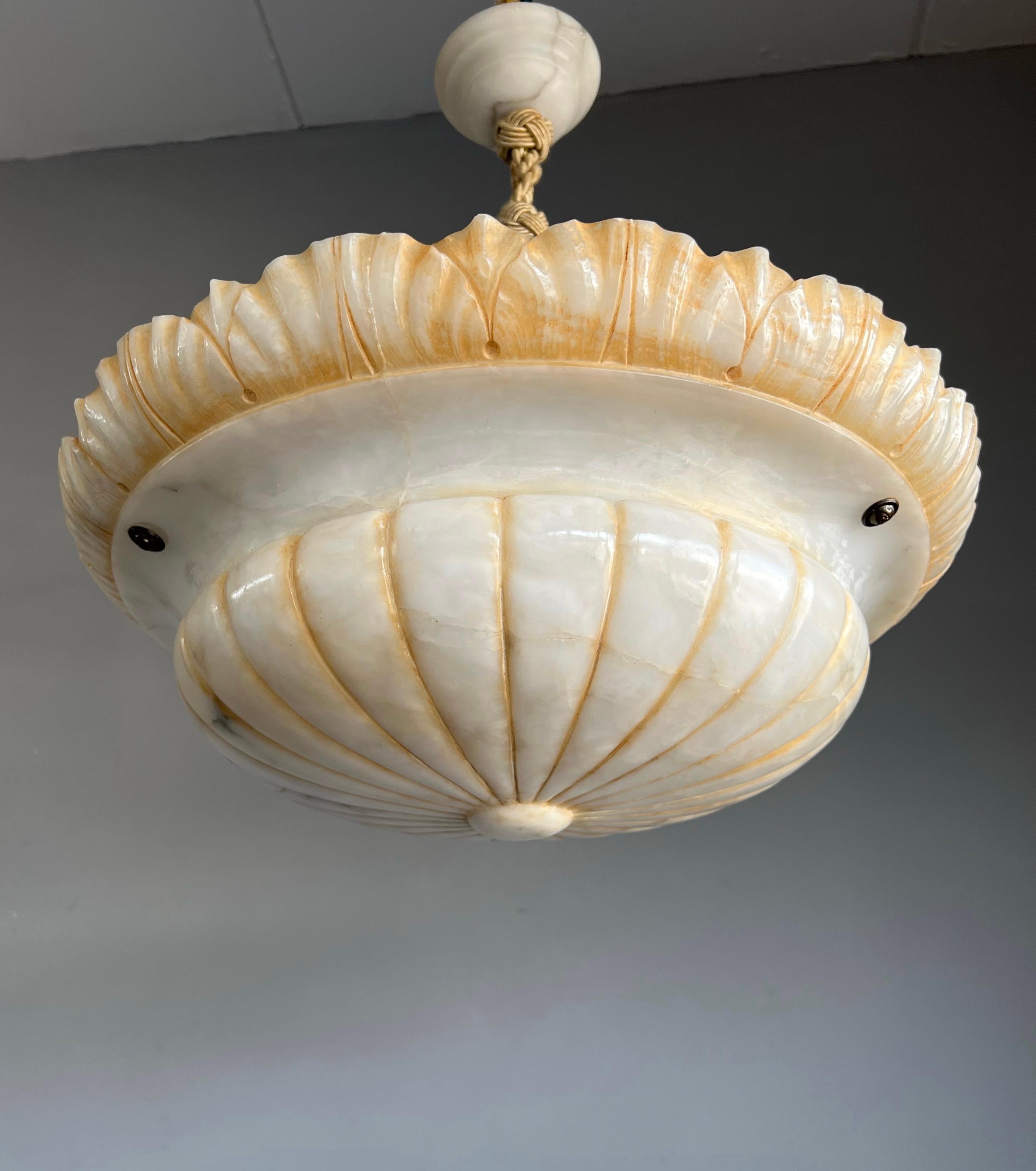 Brass Large & Wonderful Design Hand Carved White Alabaster Pendant Light / Chandelier