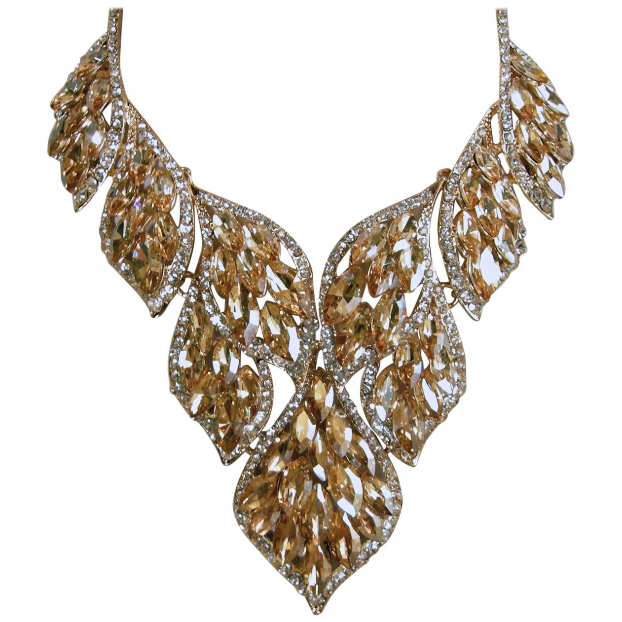 Large Stunning Faux Citrine and Clear Crystal Bib Necklace For Sale