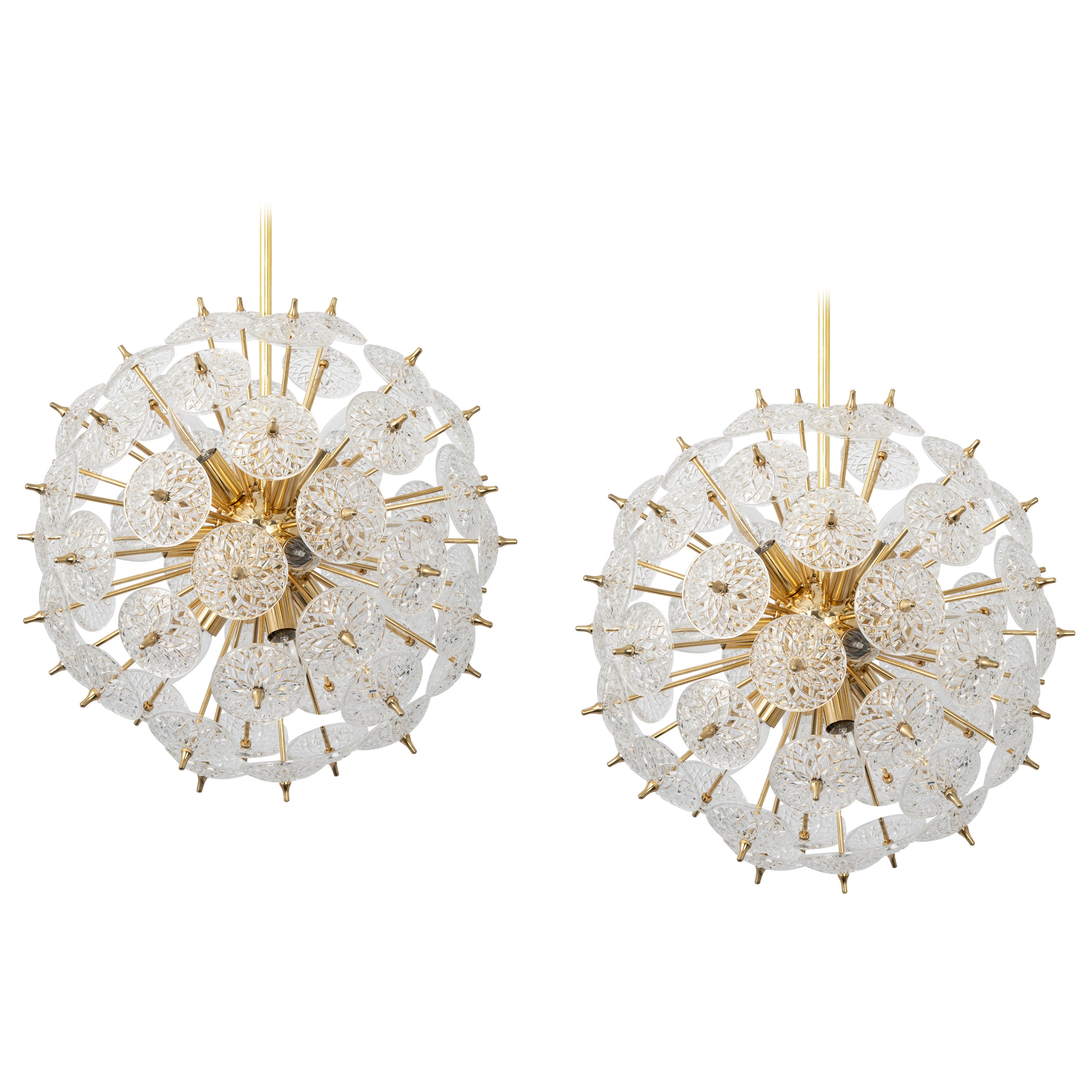 Grand lustre Spoutnik en verre à fleurs et laiton, Allemagne, années 1960