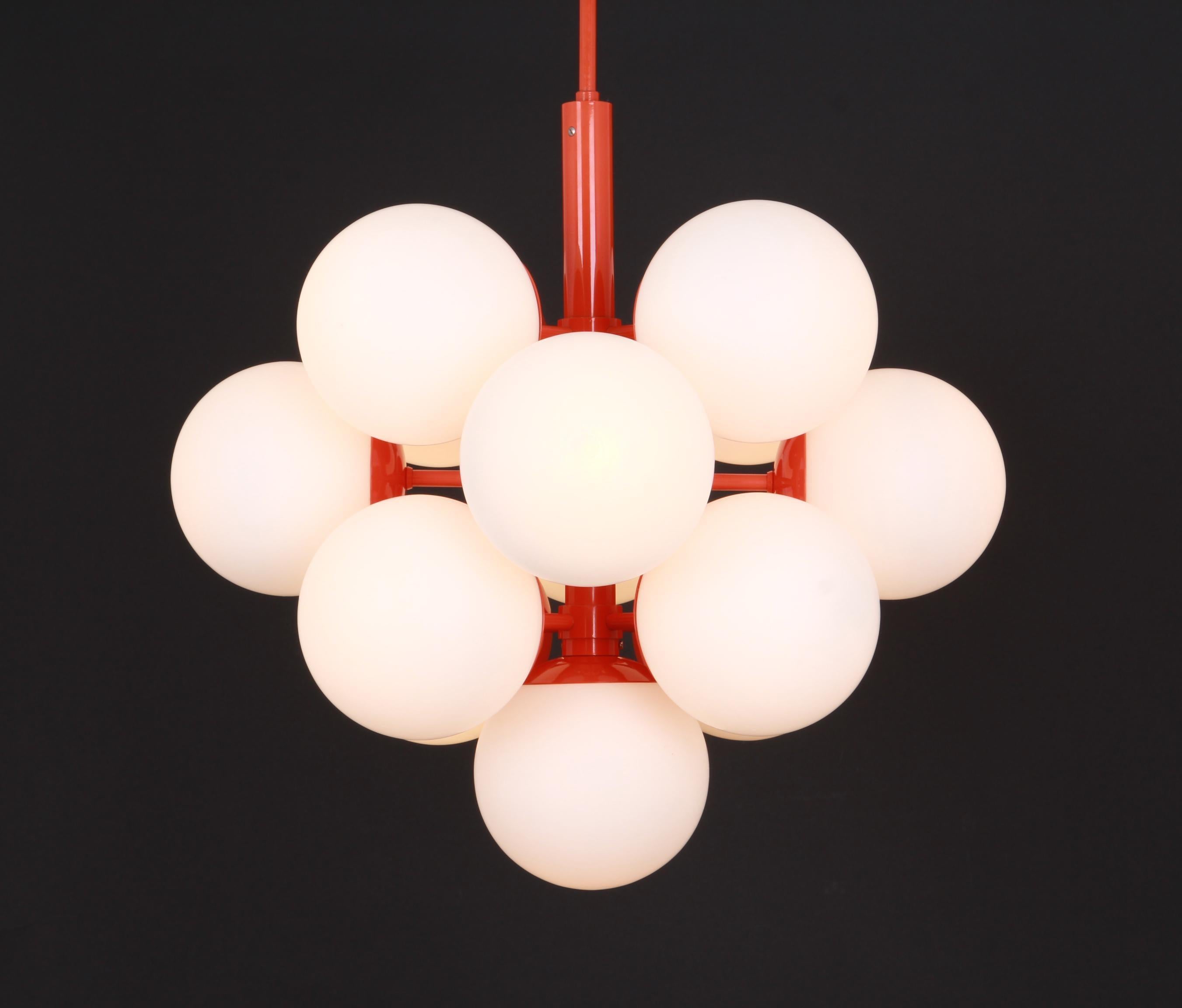 Mid-Century Modern Large Stunning Kaiser Orange Sputnik Glass Globes Chandelier, Germany, 1970s For Sale