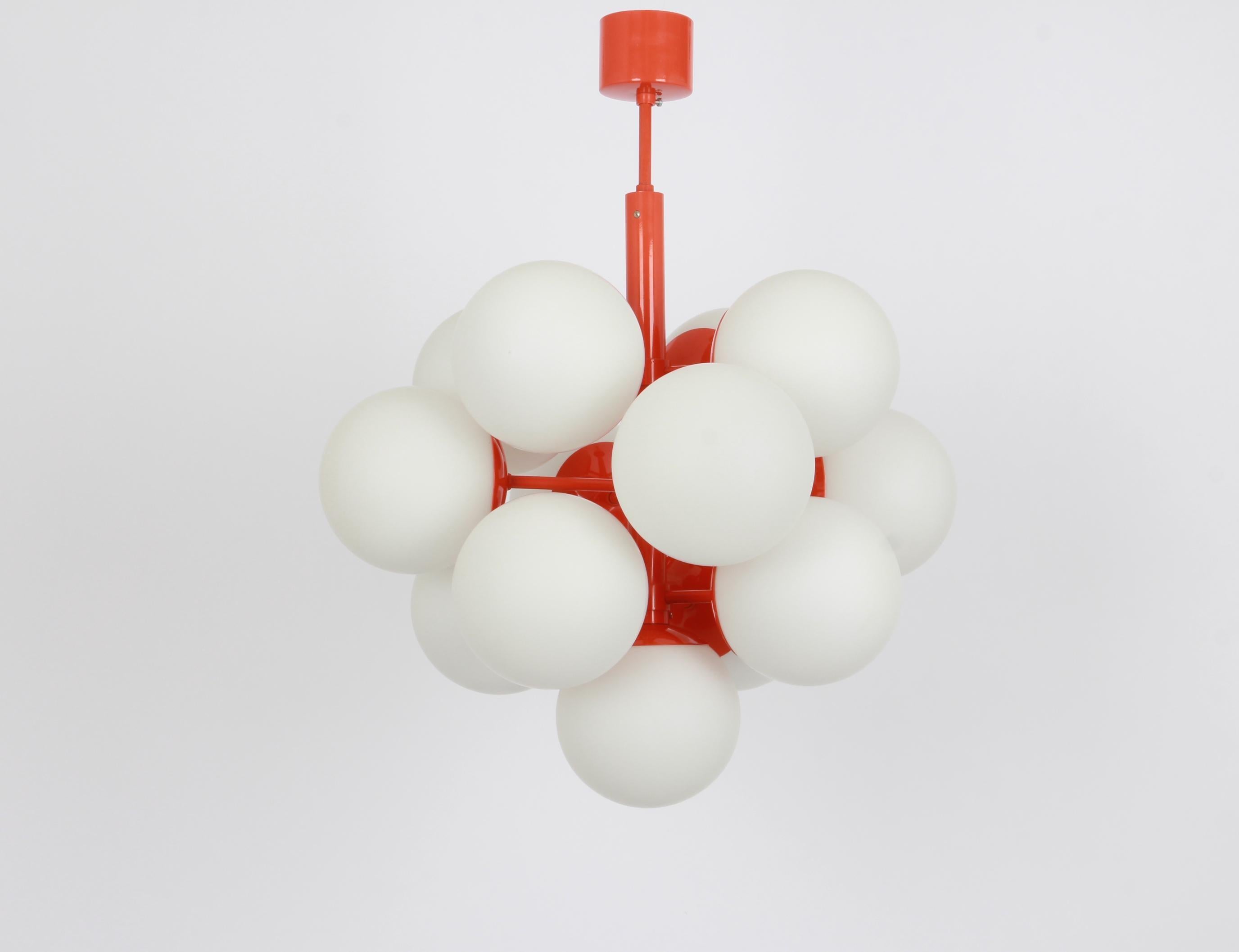 Late 20th Century Large Stunning Kaiser Orange Sputnik Glass Globes Chandelier, Germany, 1970s For Sale