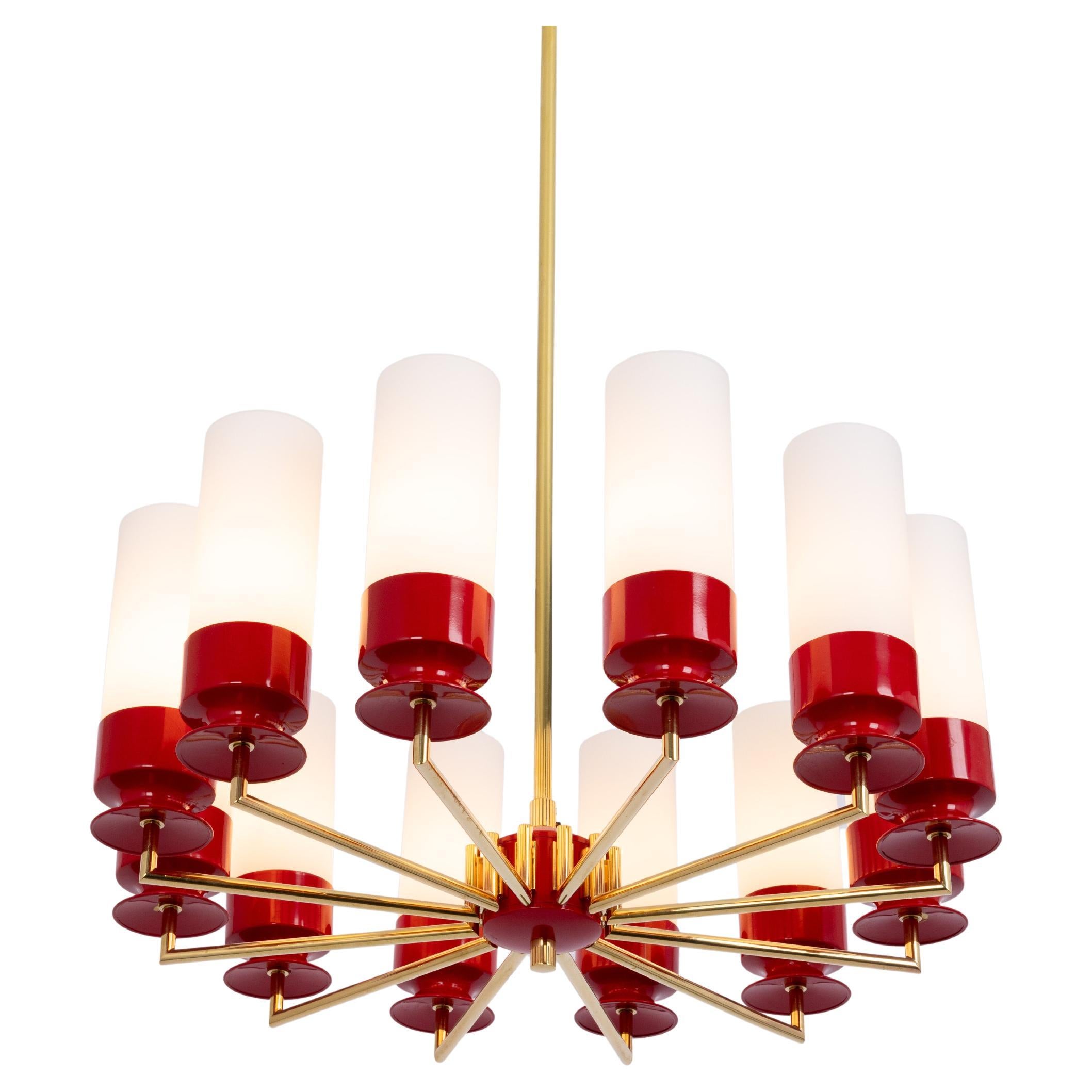 Large Stunning Kaiser red Sputnik Opal Glass Chandelier, Germany, 1960s