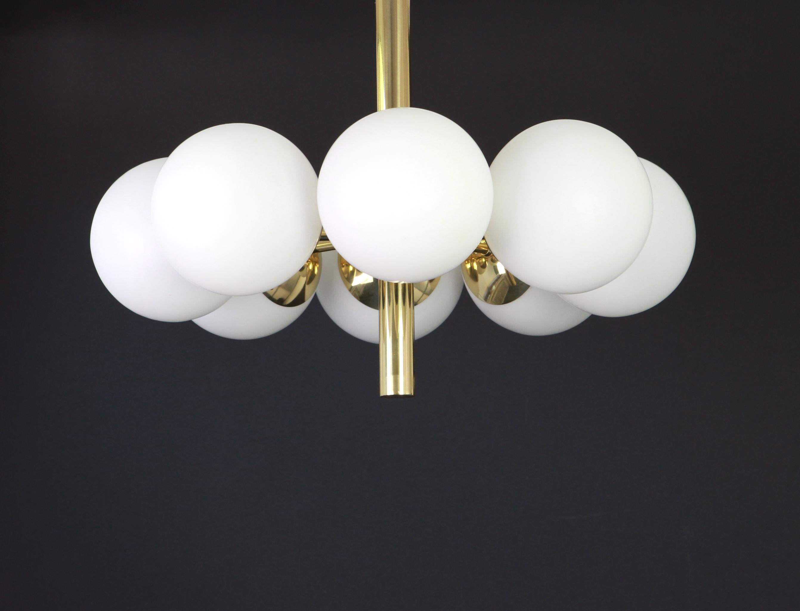 Mid-Century Modern Large Stunning Kaiser Sputnik Opal Glass Globes Chandelier, Germany, 1970s