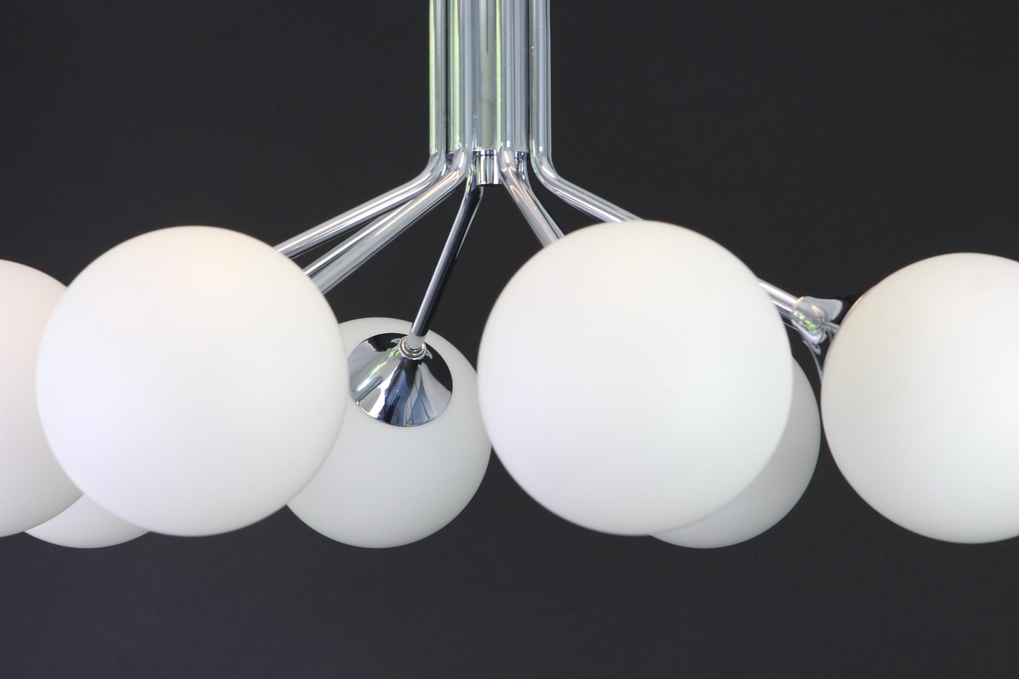 Mid-Century Modern 1 of 2 Large Stunning Kaiser Sputnik Opal Glass Globes Chandelier, Germany 1970s For Sale