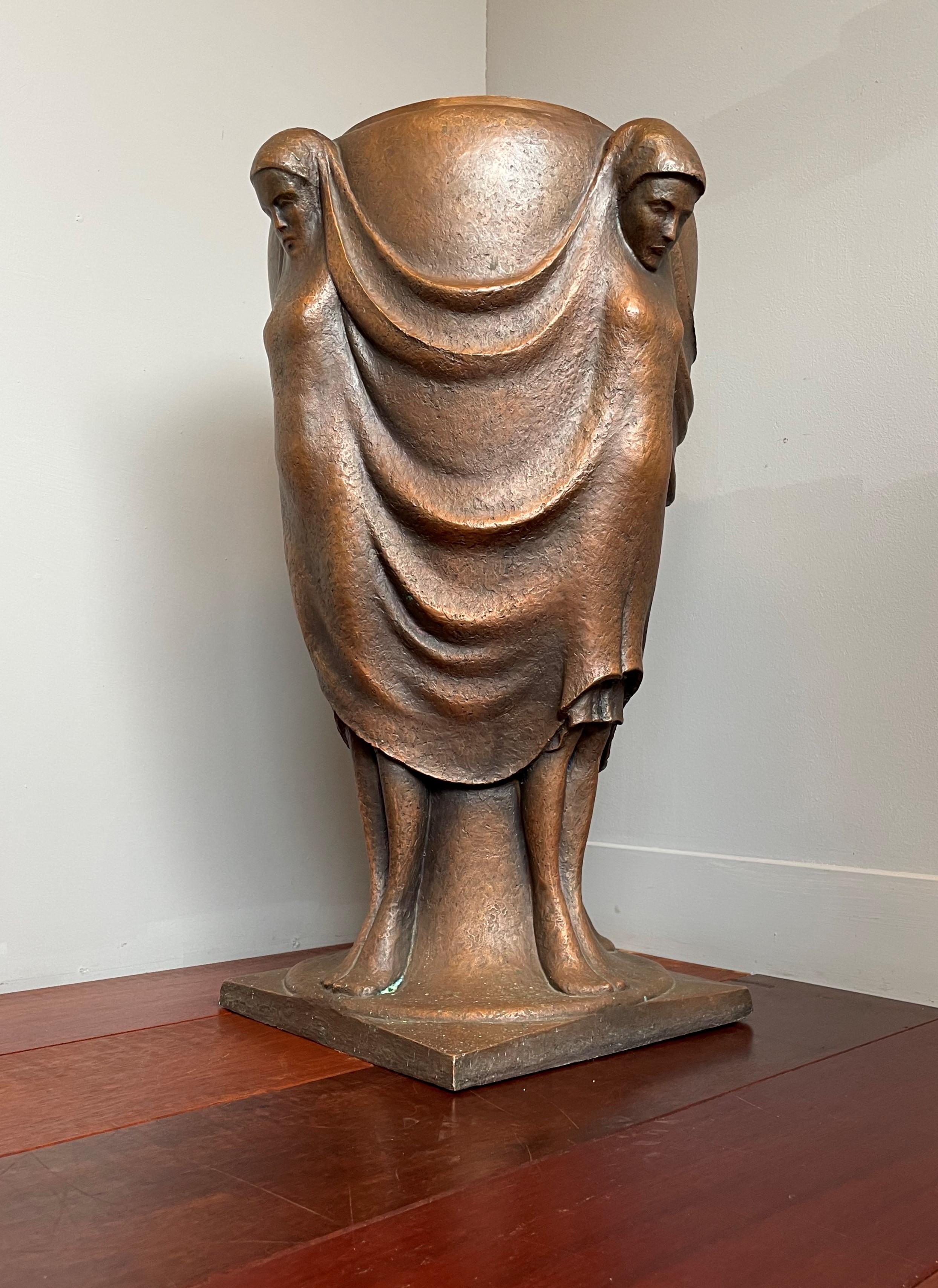 Large & Stunning Mid-Century Modern Work of Art Bronze Vase w. Female Sculptures For Sale 7
