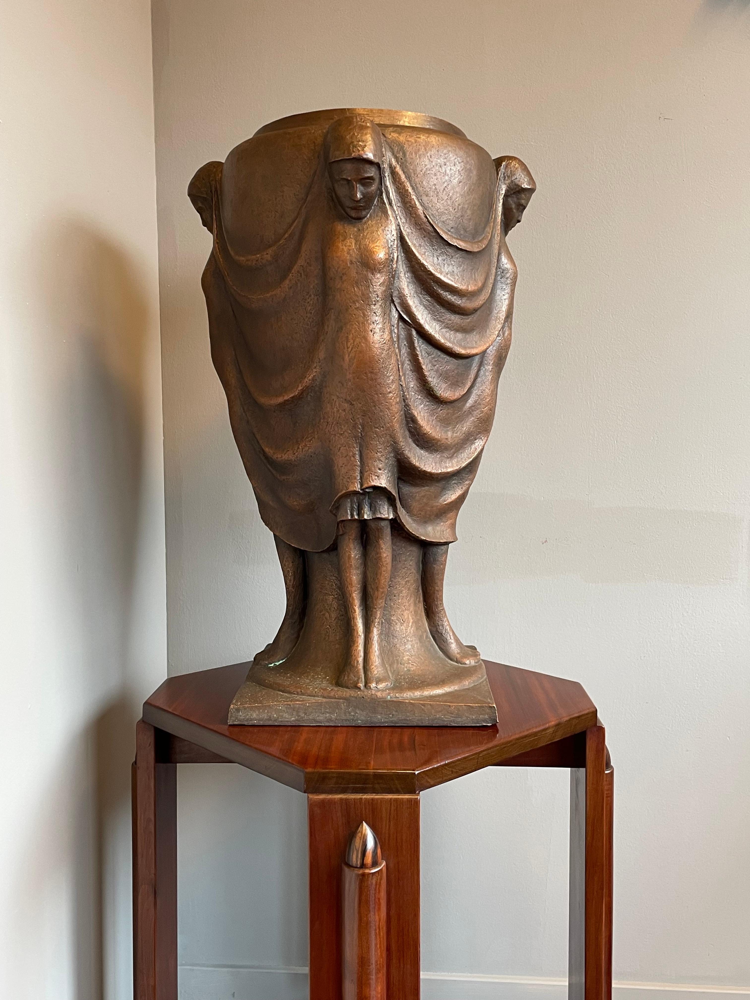 Large & Stunning Mid-Century Modern Work of Art Bronze Vase w. Female Sculptures For Sale 10