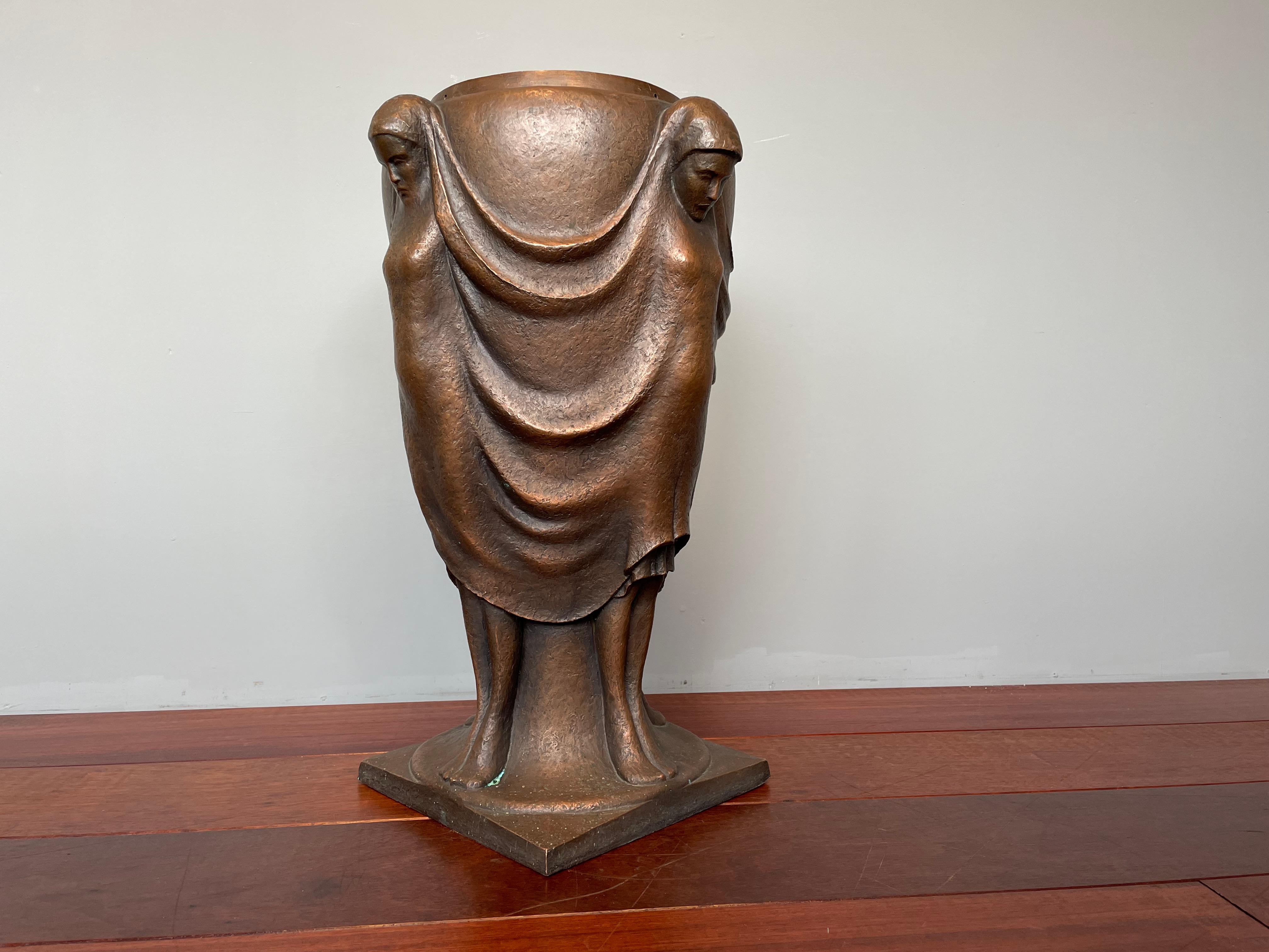 Large & Stunning Mid-Century Modern Work of Art Bronze Vase w. Female Sculptures For Sale 12