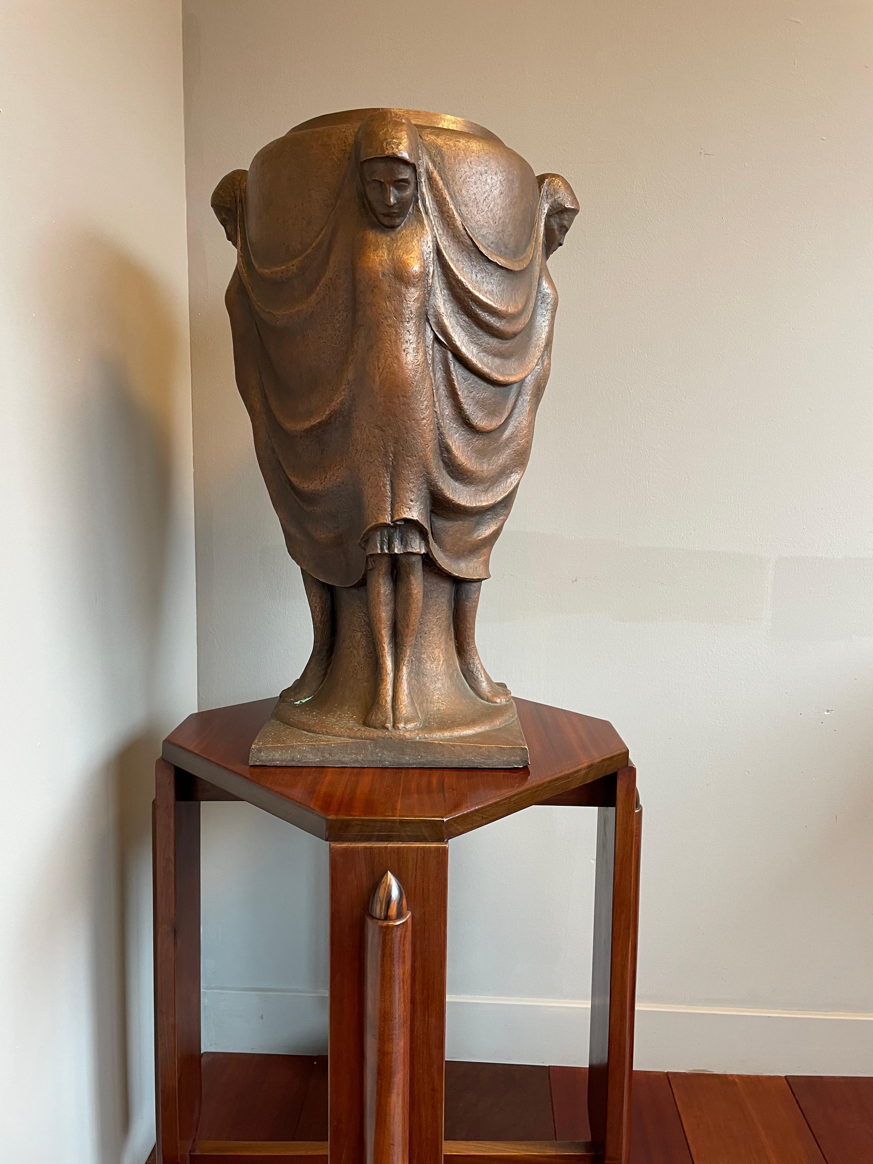 Swiss Large & Stunning Mid-Century Modern Work of Art Bronze Vase w. Female Sculptures For Sale