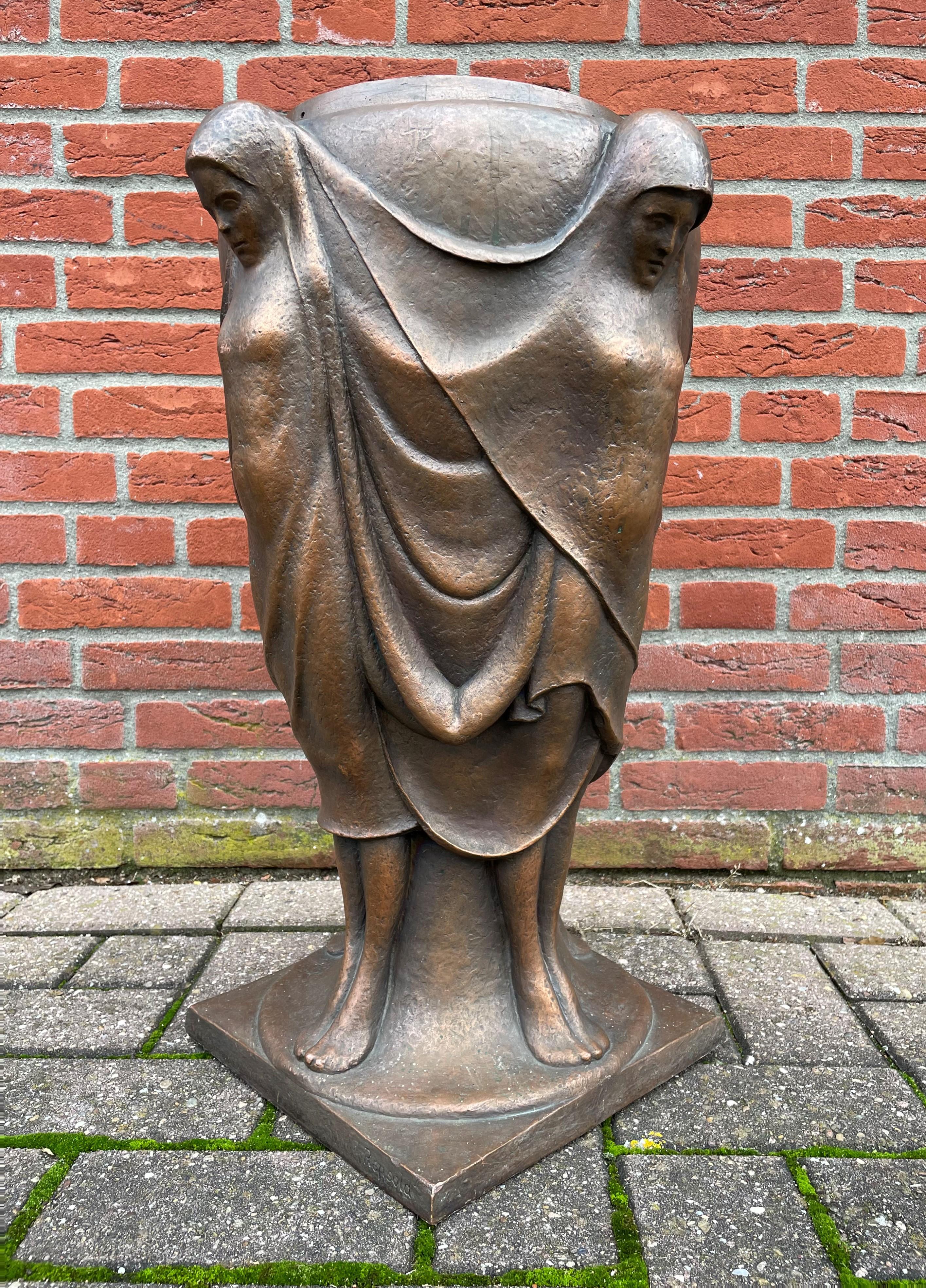 Cast Large & Stunning Mid-Century Modern Work of Art Bronze Vase w. Female Sculptures For Sale