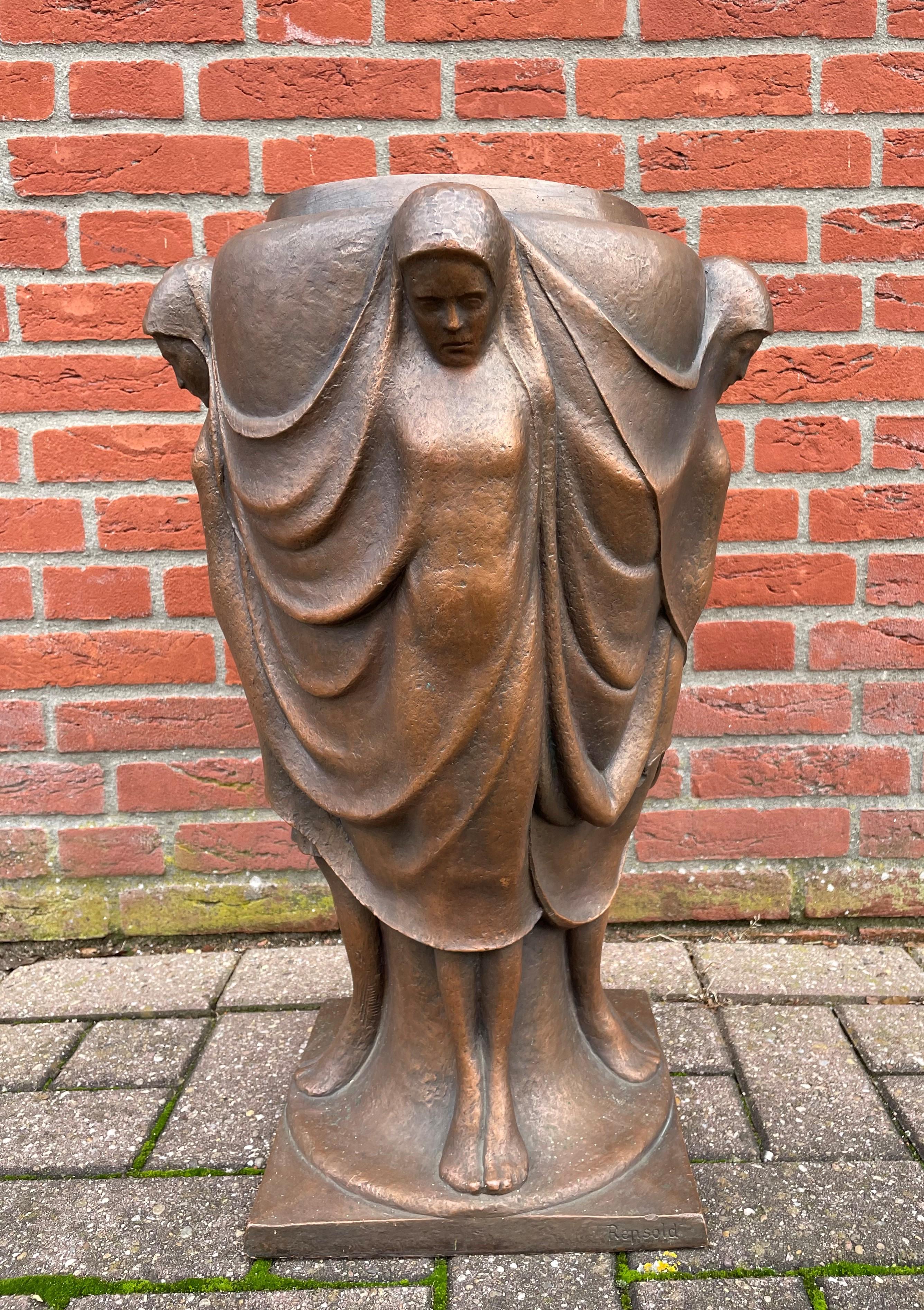 20th Century Large & Stunning Mid-Century Modern Work of Art Bronze Vase w. Female Sculptures For Sale