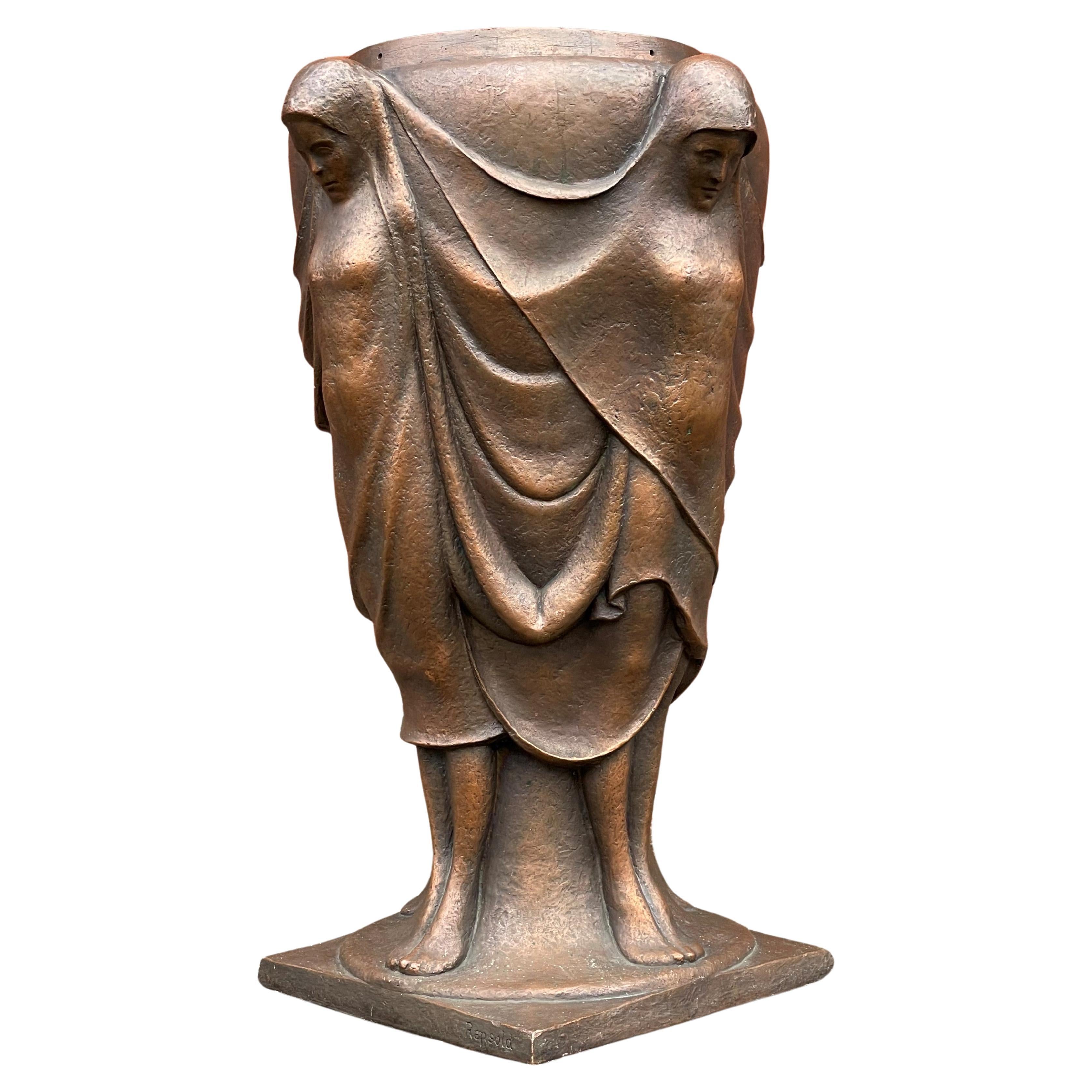 Large & Stunning Mid-Century Modern Work of Art Bronze Vase w. Female Sculptures
