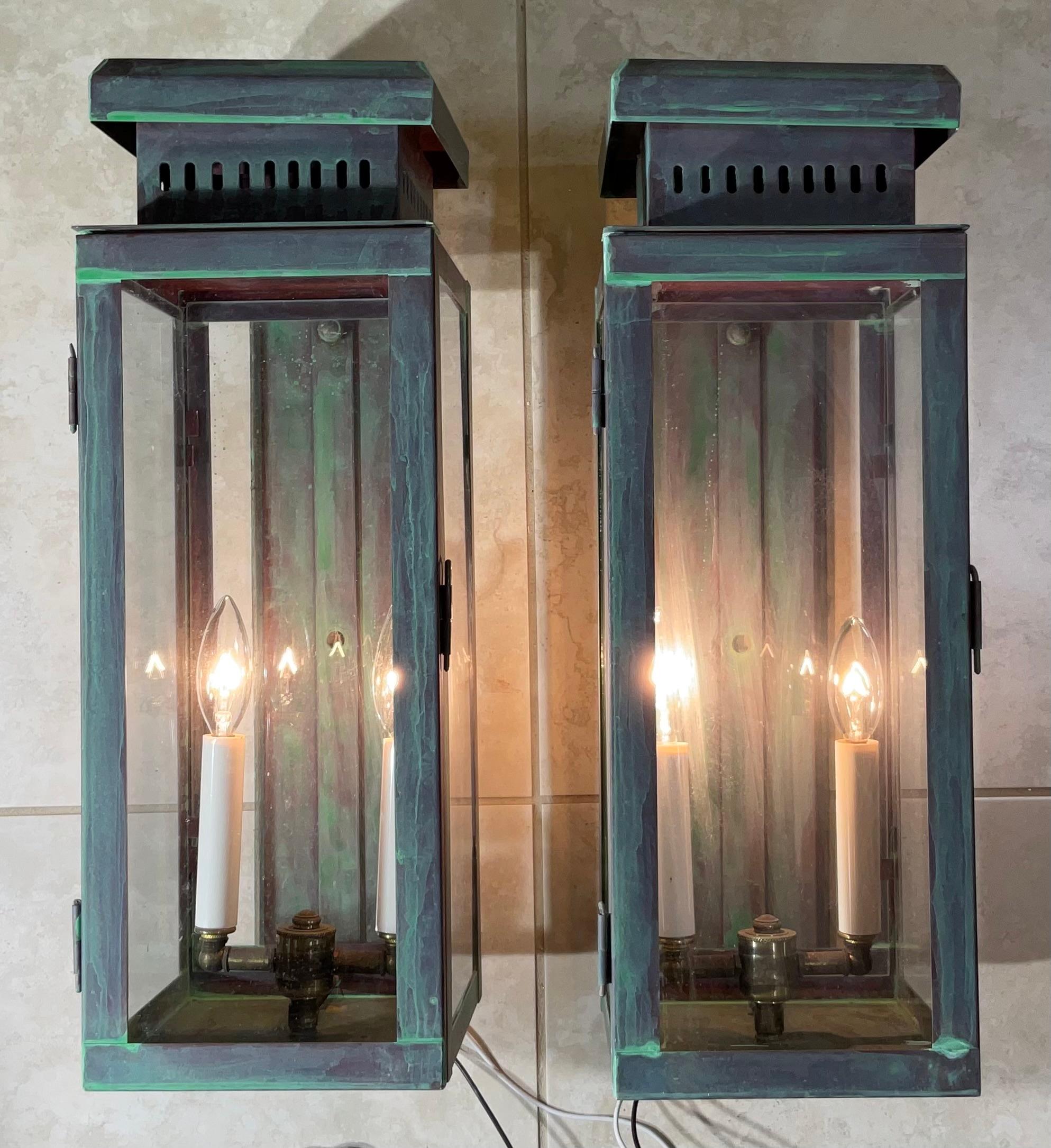 American Large Stunning Pair of Solid Copper Wall Lanterns For Sale