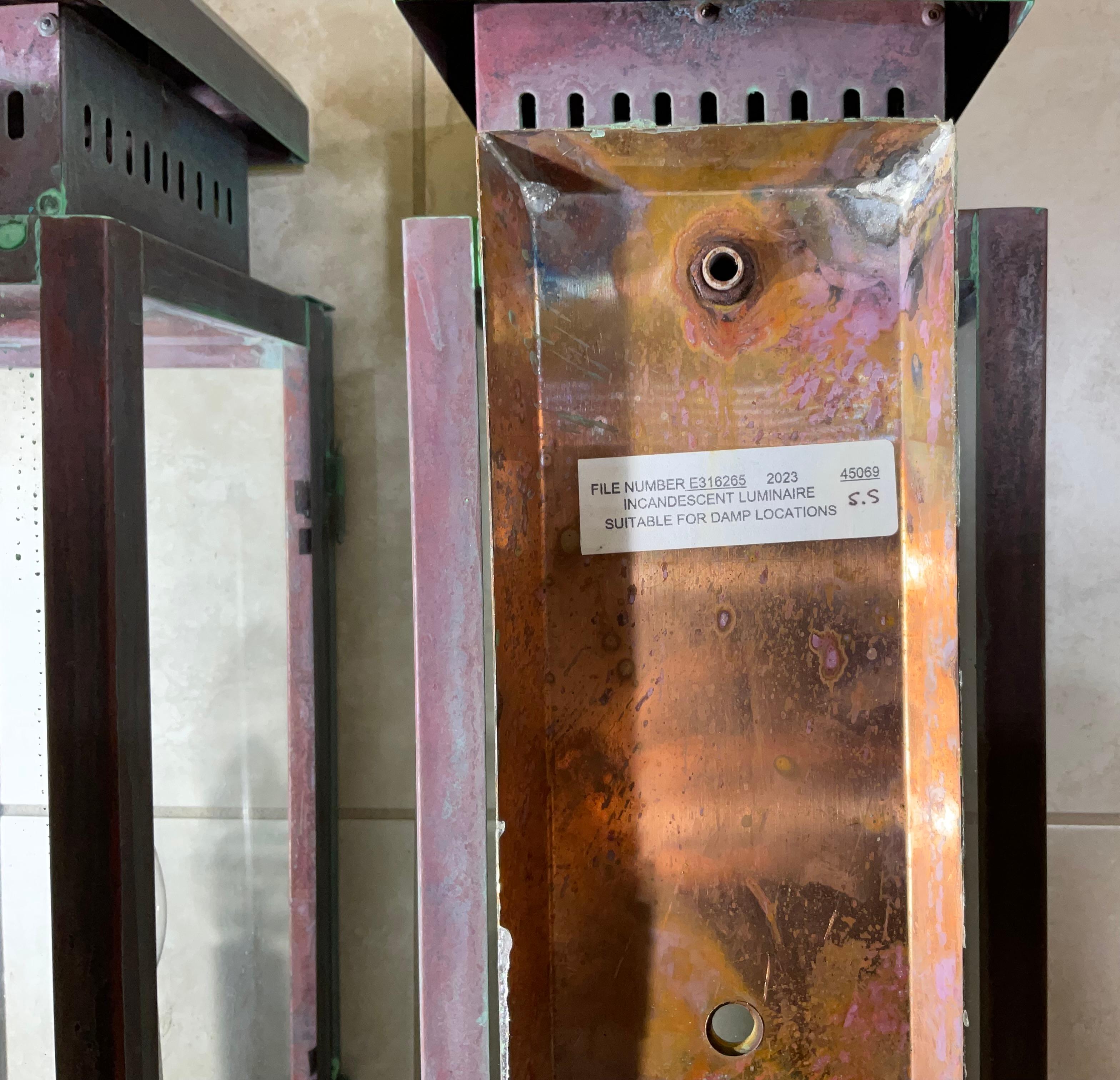 Hand-Crafted Large Stunning Pair of Solid Copper Wall Lanterns For Sale