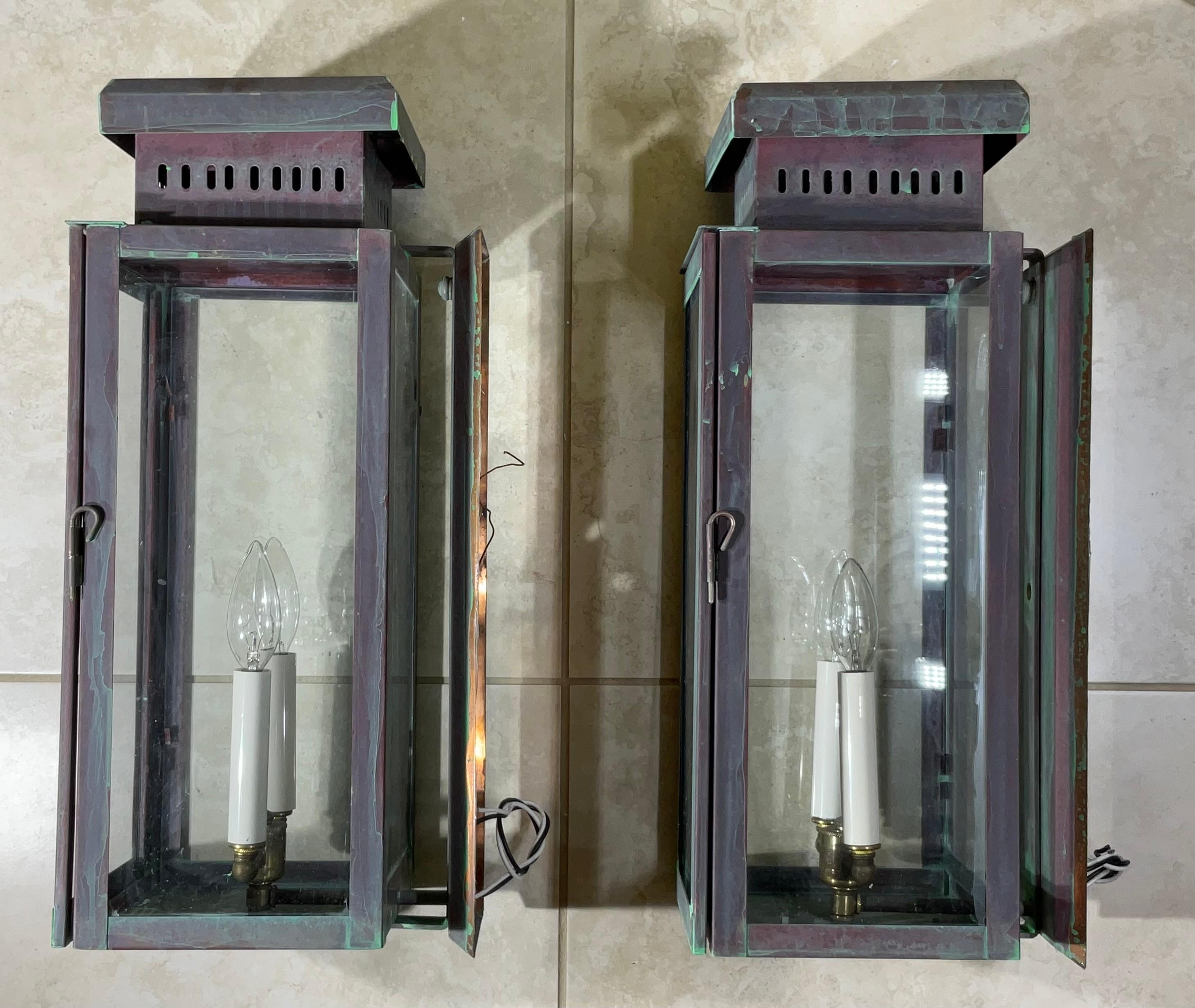 Contemporary Large Stunning Pair of Solid Copper Wall Lanterns For Sale