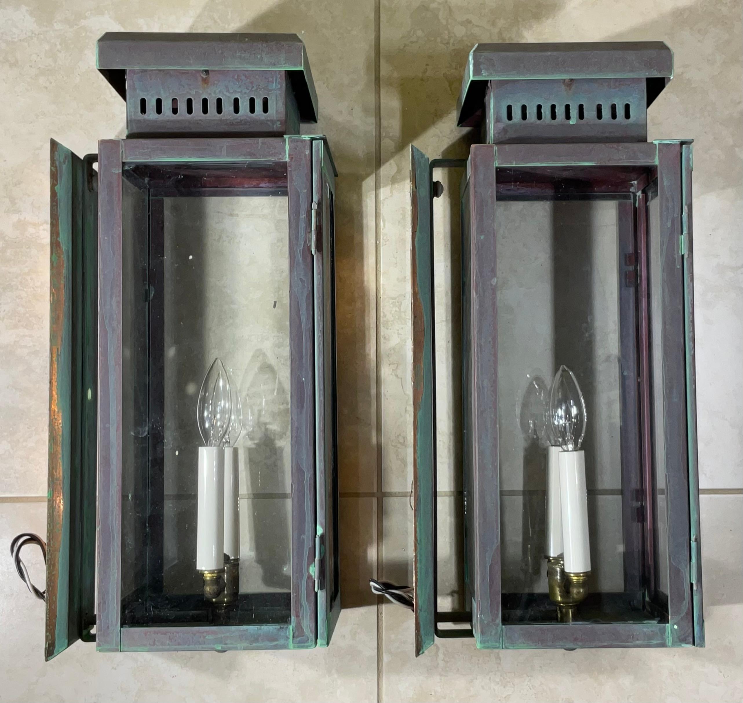 Brass Large Stunning Pair of Solid Copper Wall Lanterns For Sale