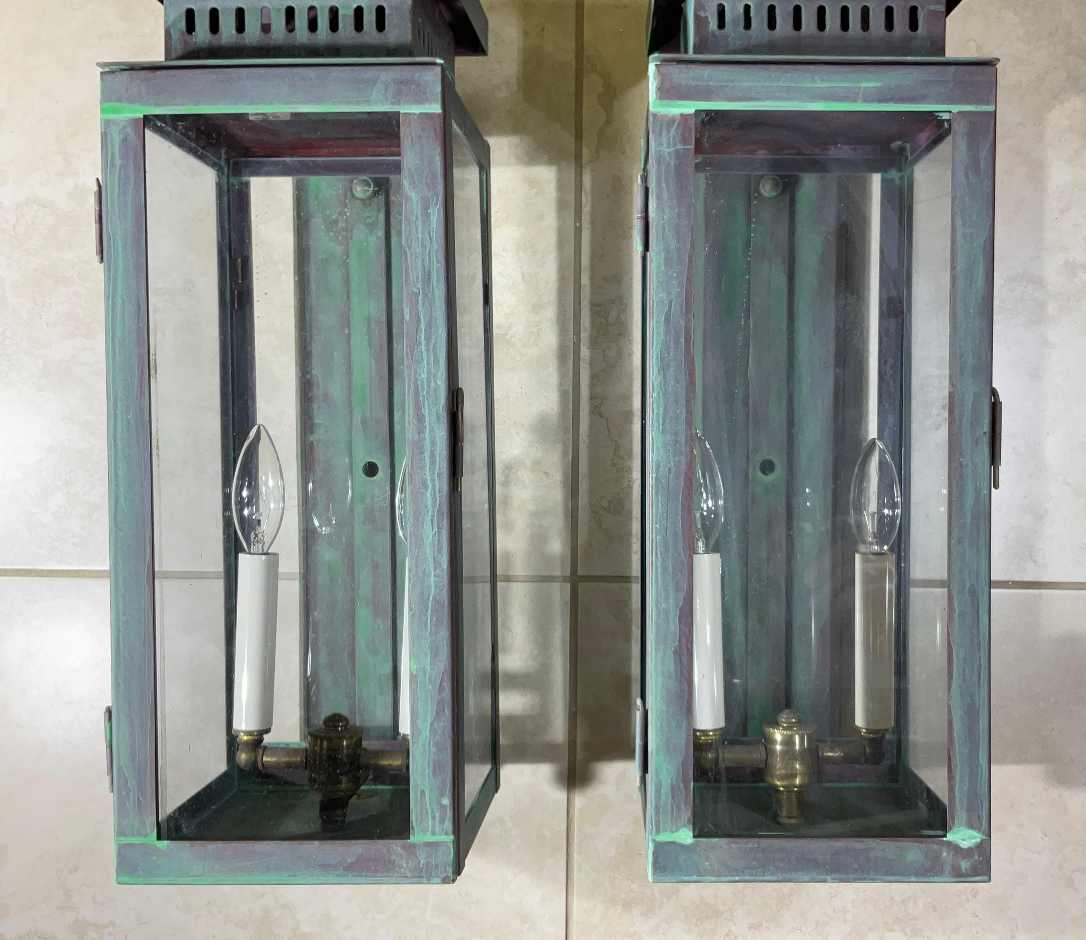 Large Stunning Pair of Solid Copper Wall Lanterns For Sale 1