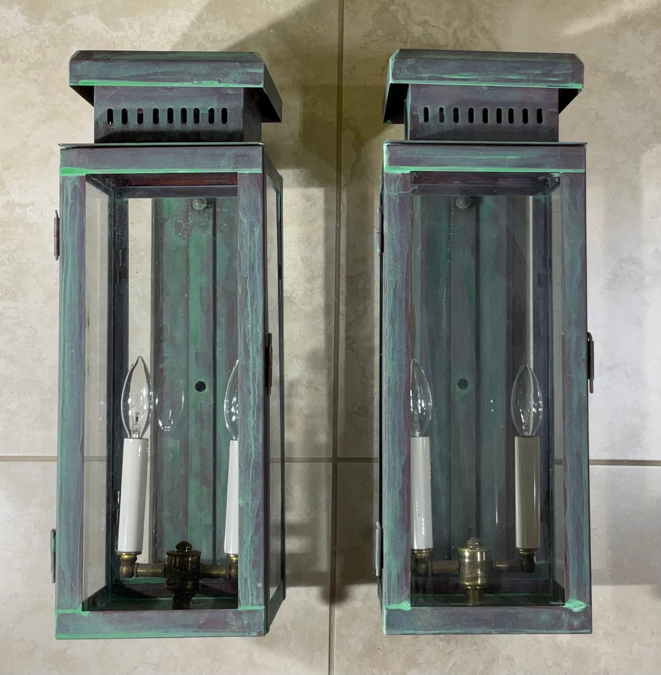 Large Stunning Pair of Solid Copper Wall Lanterns For Sale 2