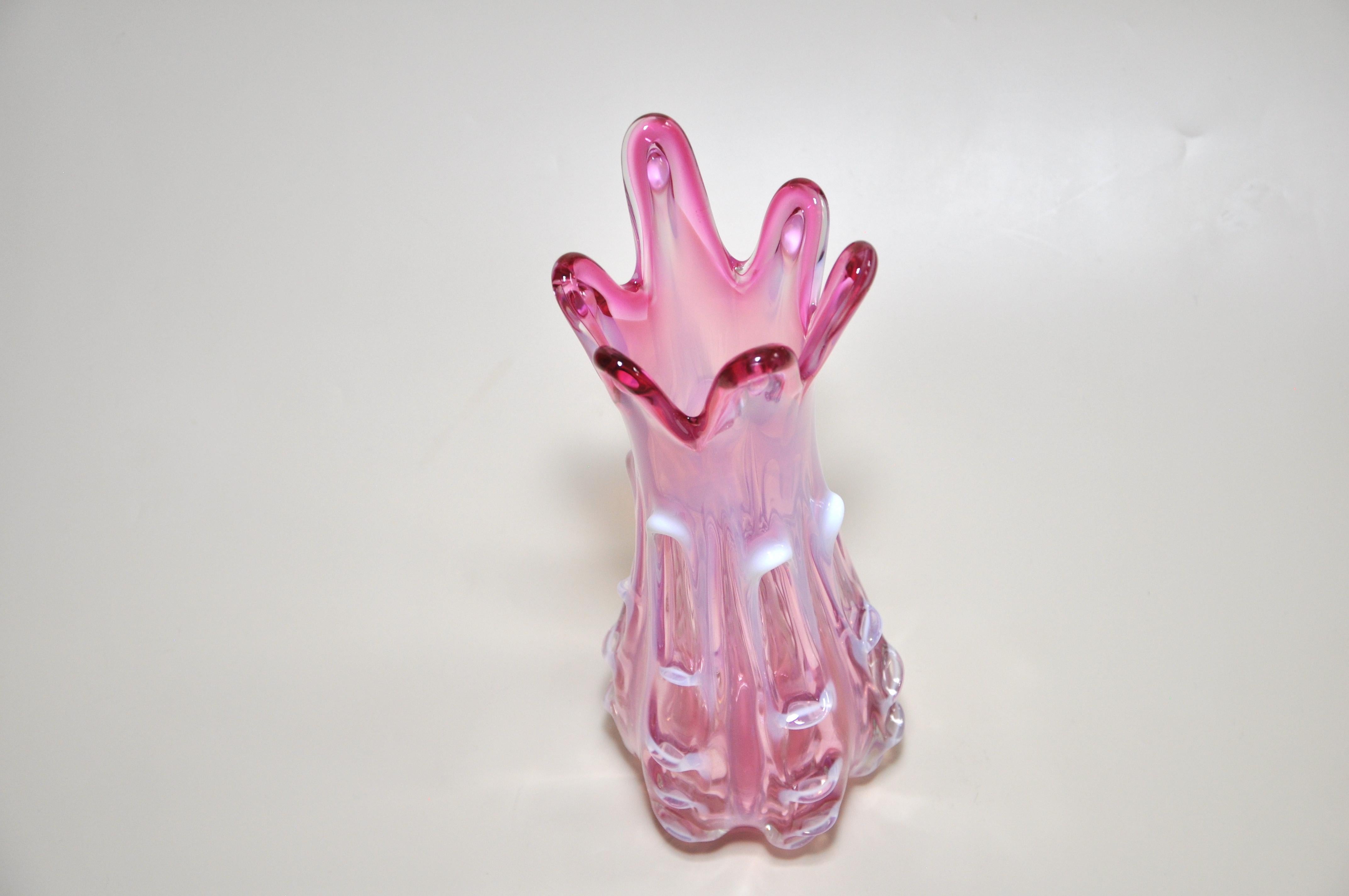 Large Stunning Vintage Pink White Art Glass Vase Italian For Sale 1