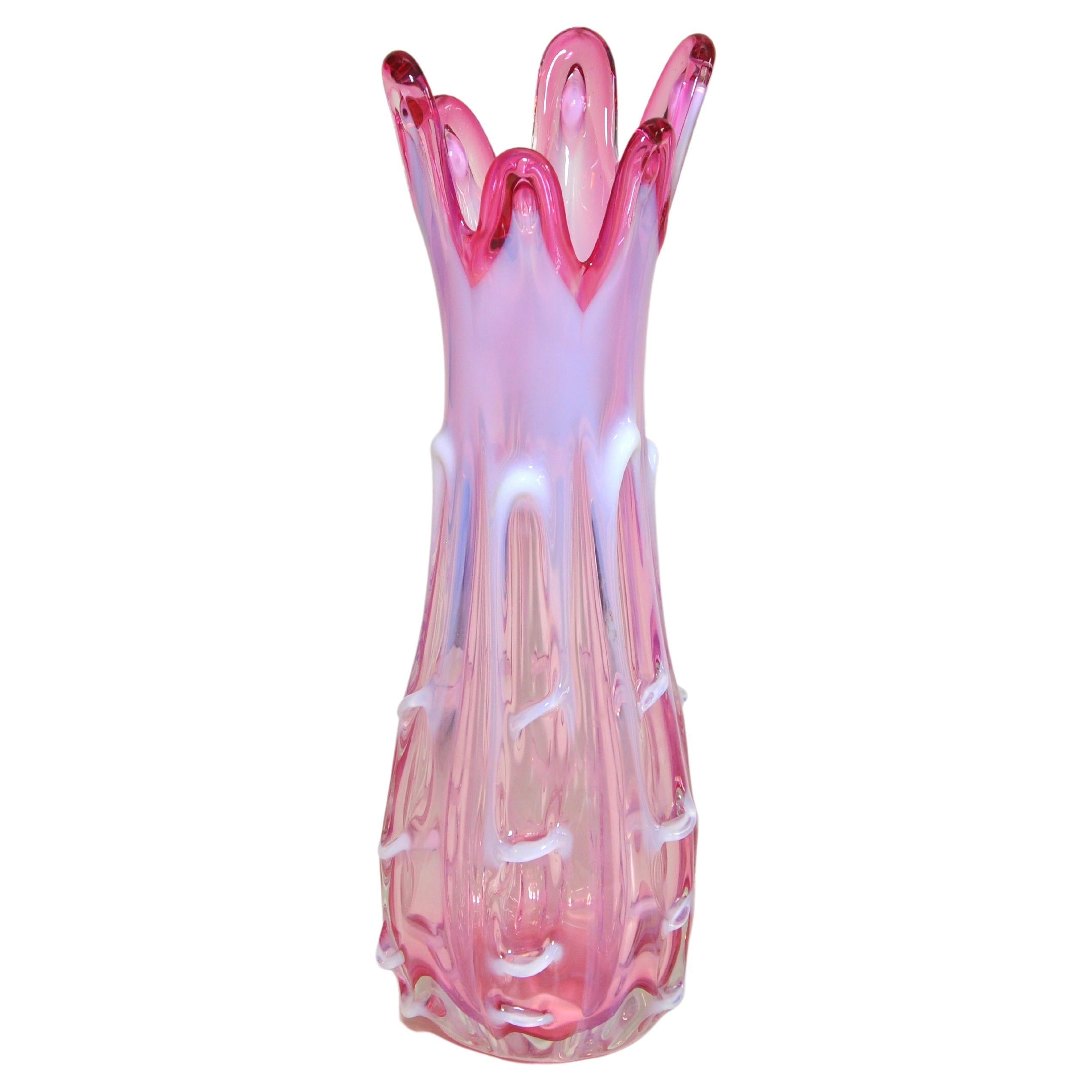 Large Stunning Vintage Pink White Art Glass Vase Italian For Sale