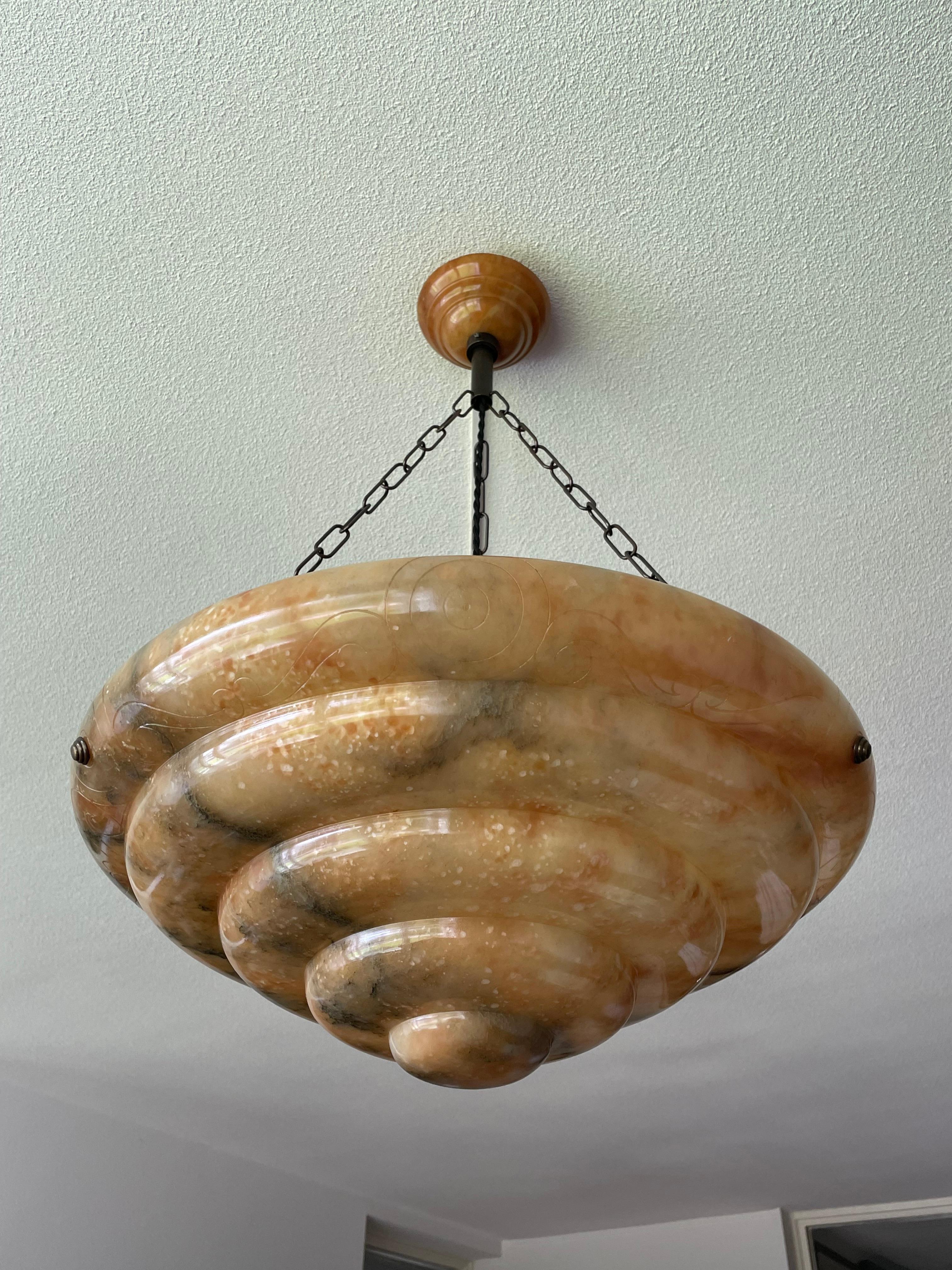 Large & Stunningly Layered Art Deco Alabaster Pendant Chandelier, Amazing Colors For Sale 7