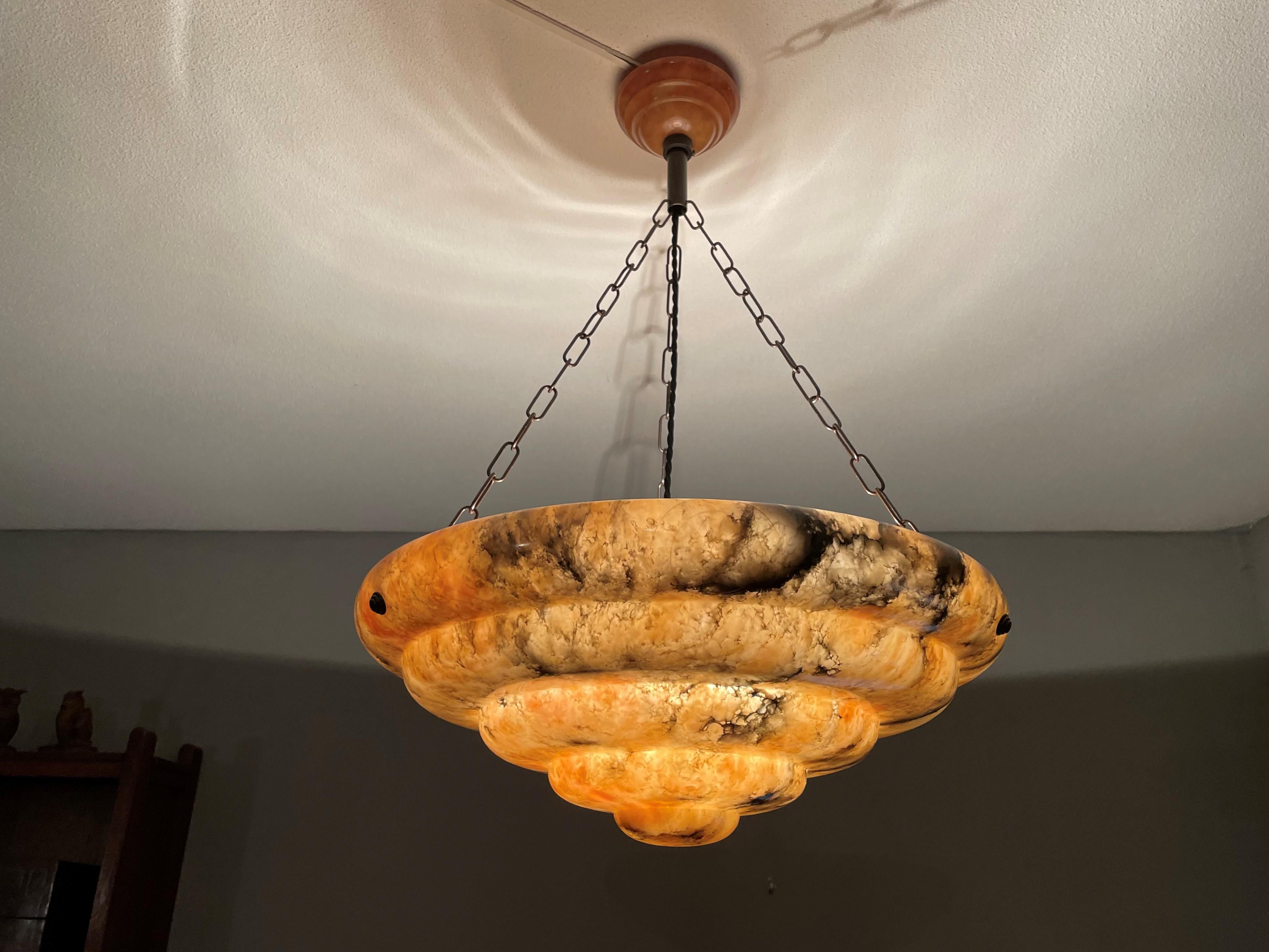 Large & Stunningly Layered Art Deco Alabaster Pendant Chandelier, Amazing Colors For Sale 10