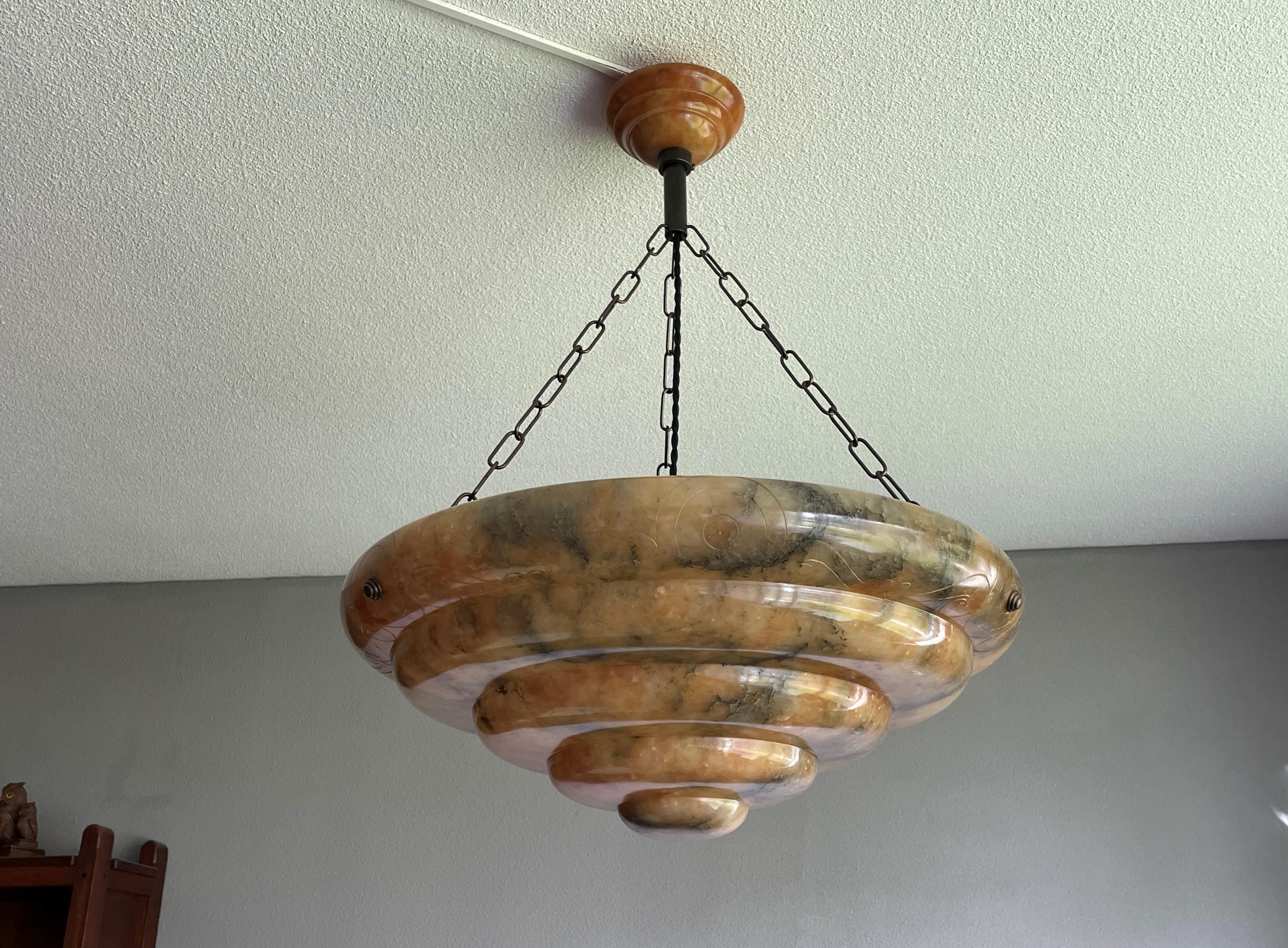 Large & Stunningly Layered Art Deco Alabaster Pendant Chandelier, Amazing Colors For Sale 11
