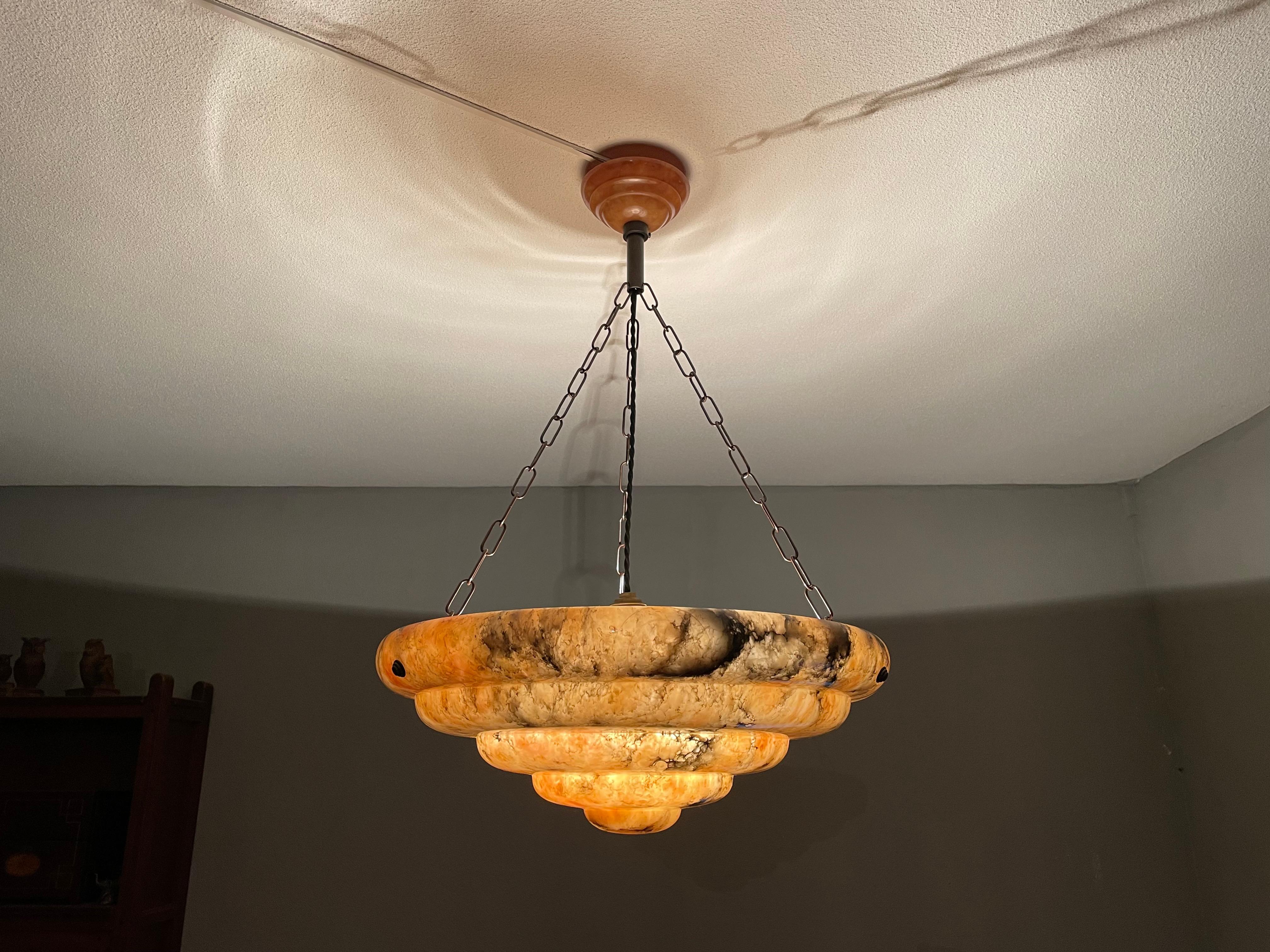 Large & Stunningly Layered Art Deco Alabaster Pendant Chandelier, Amazing Colors For Sale 13