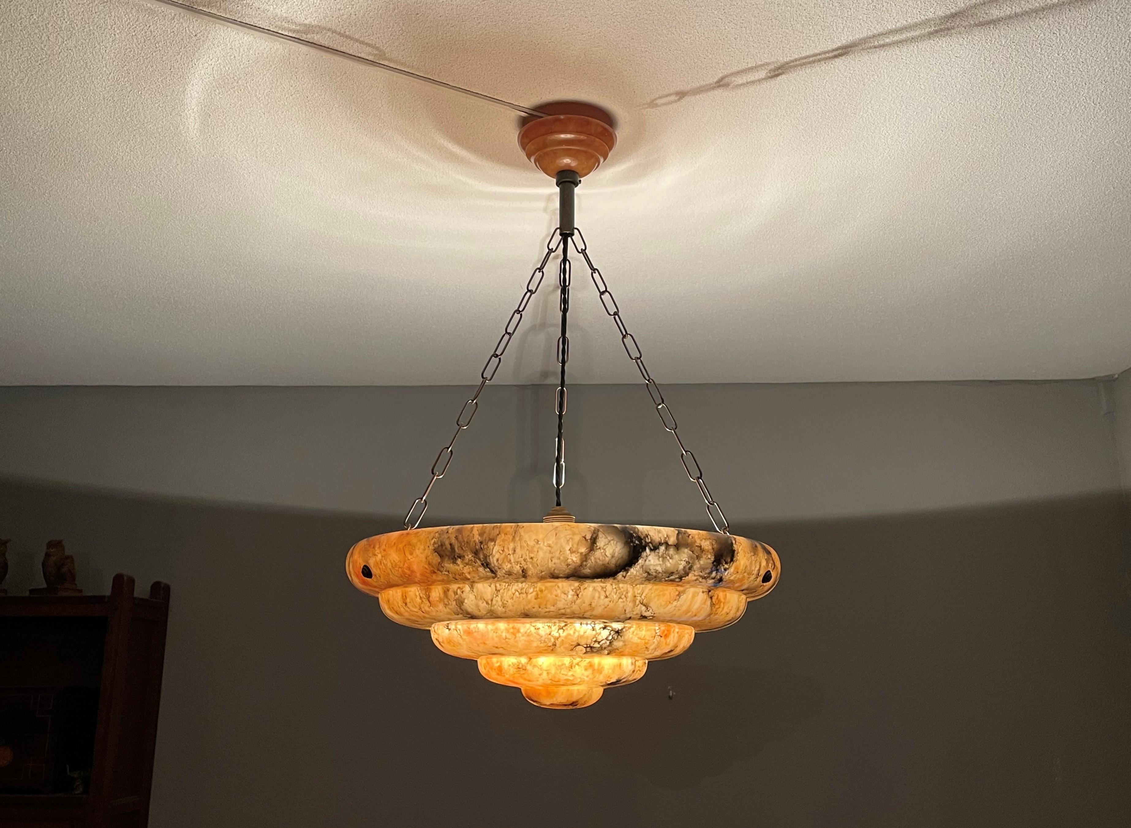 European Large & Stunningly Layered Art Deco Alabaster Pendant Chandelier, Amazing Colors For Sale