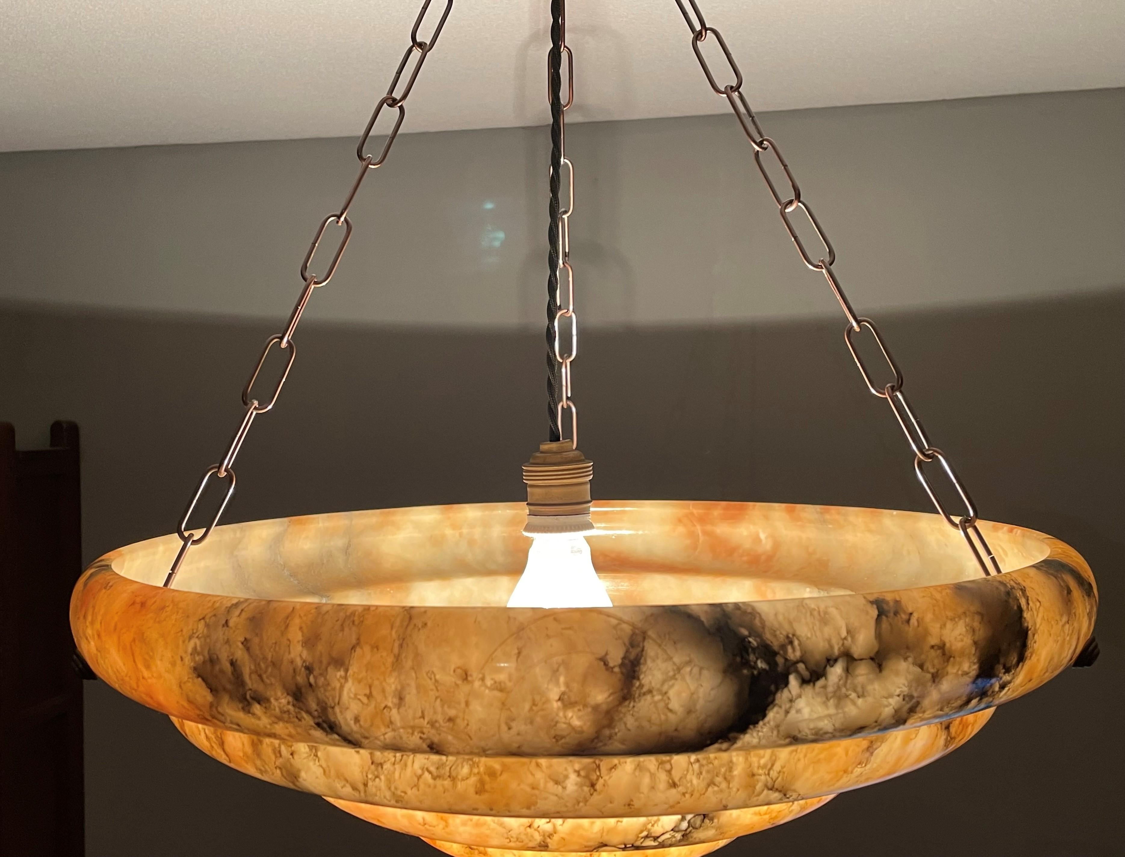 Brass Large & Stunningly Layered Art Deco Alabaster Pendant Chandelier, Amazing Colors For Sale
