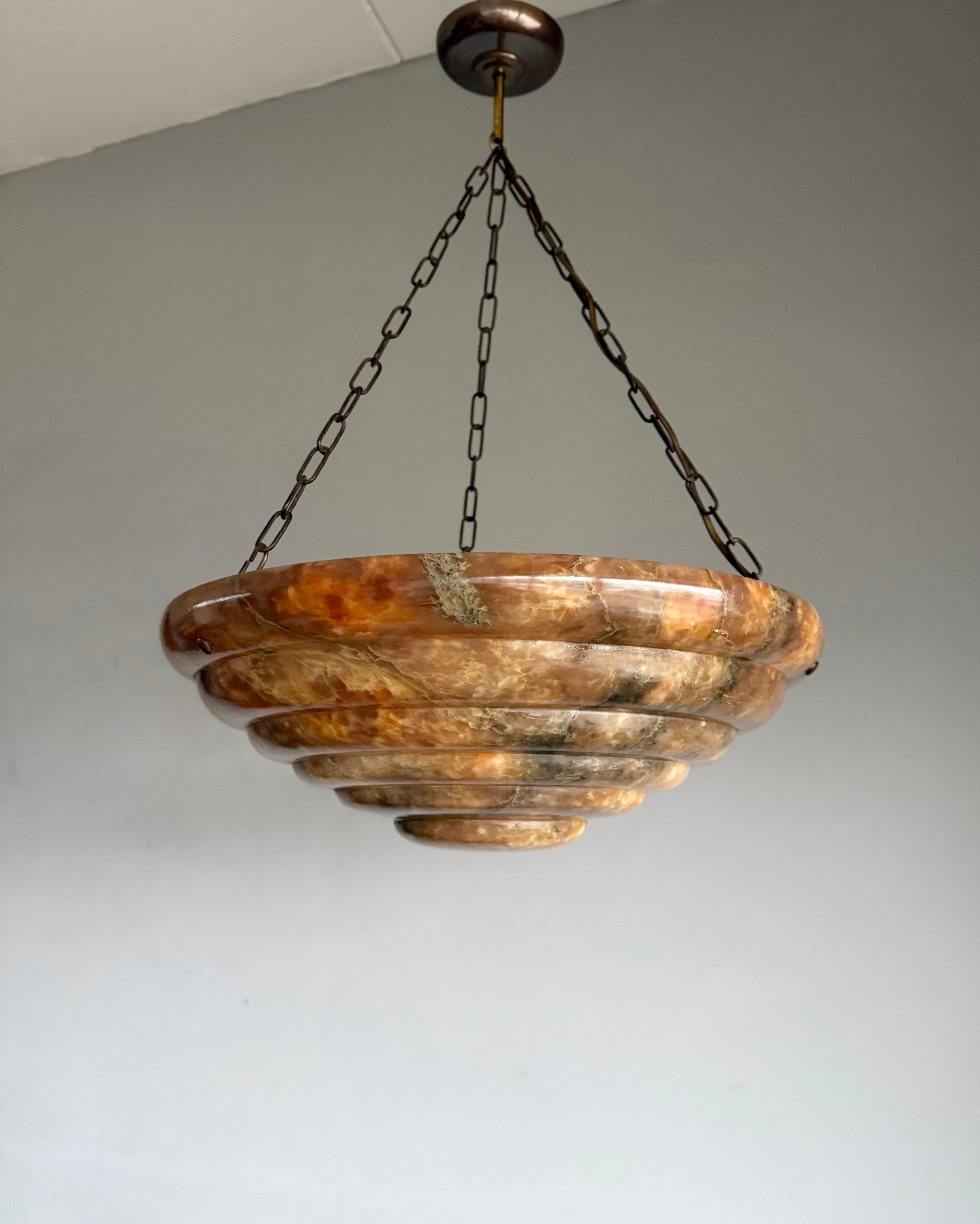 Large & Stunningly Layered Art Deco Alabaster Pendant Light, Amazing Colors For Sale 3