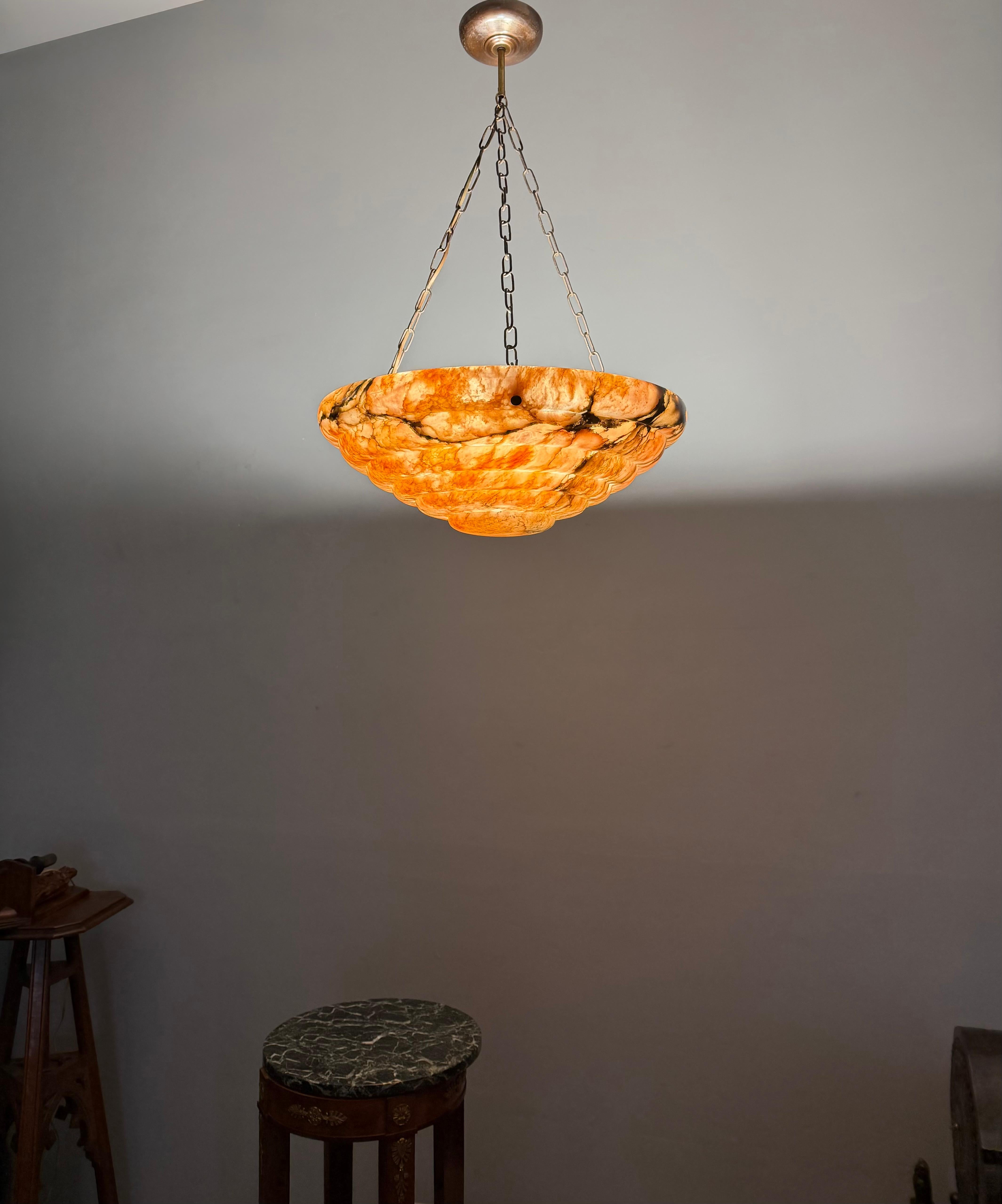 Large & Stunningly Layered Art Deco Alabaster Pendant Light, Amazing Colors For Sale 12
