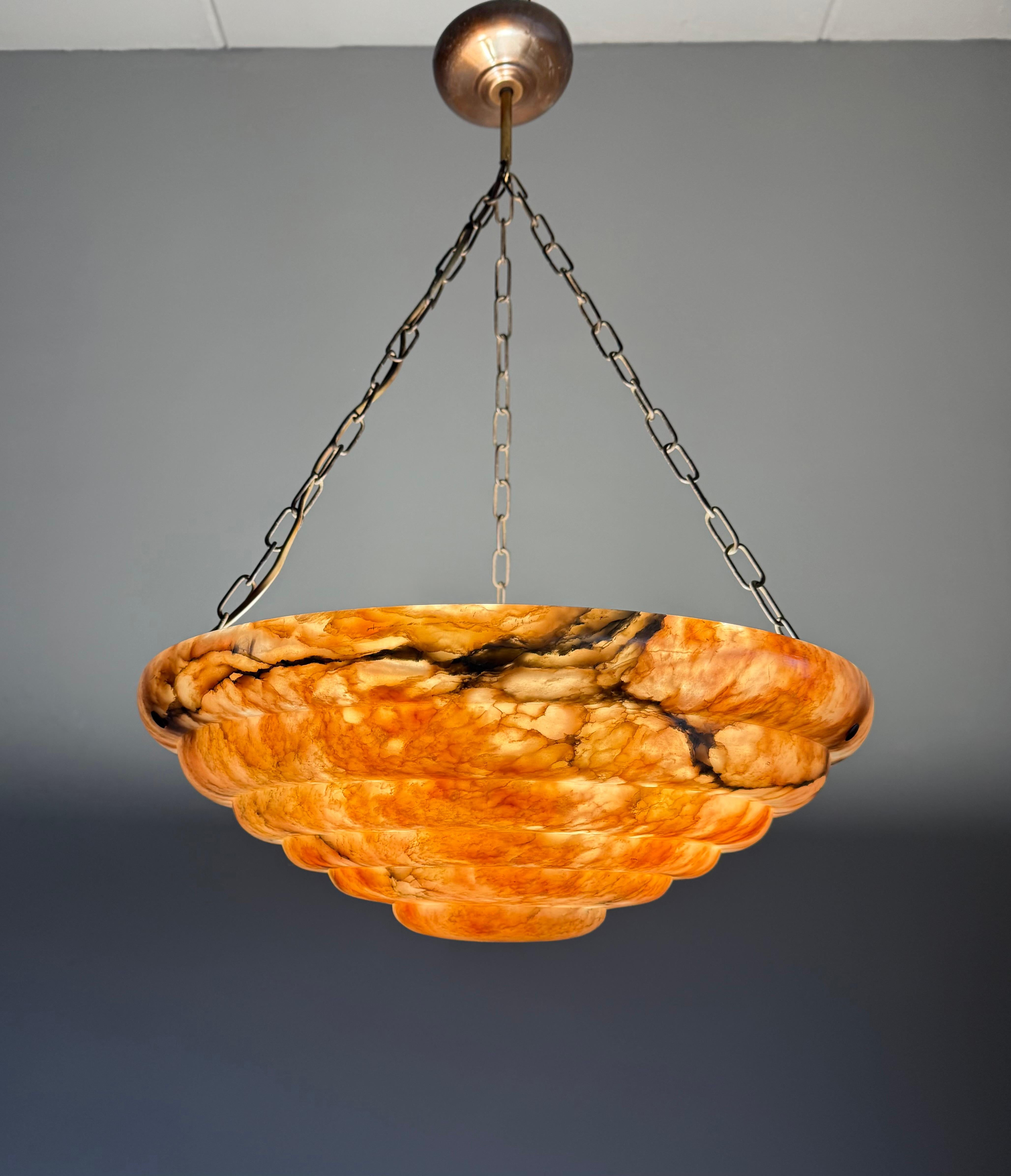 European Large & Stunningly Layered Art Deco Alabaster Pendant Light, Amazing Colors For Sale