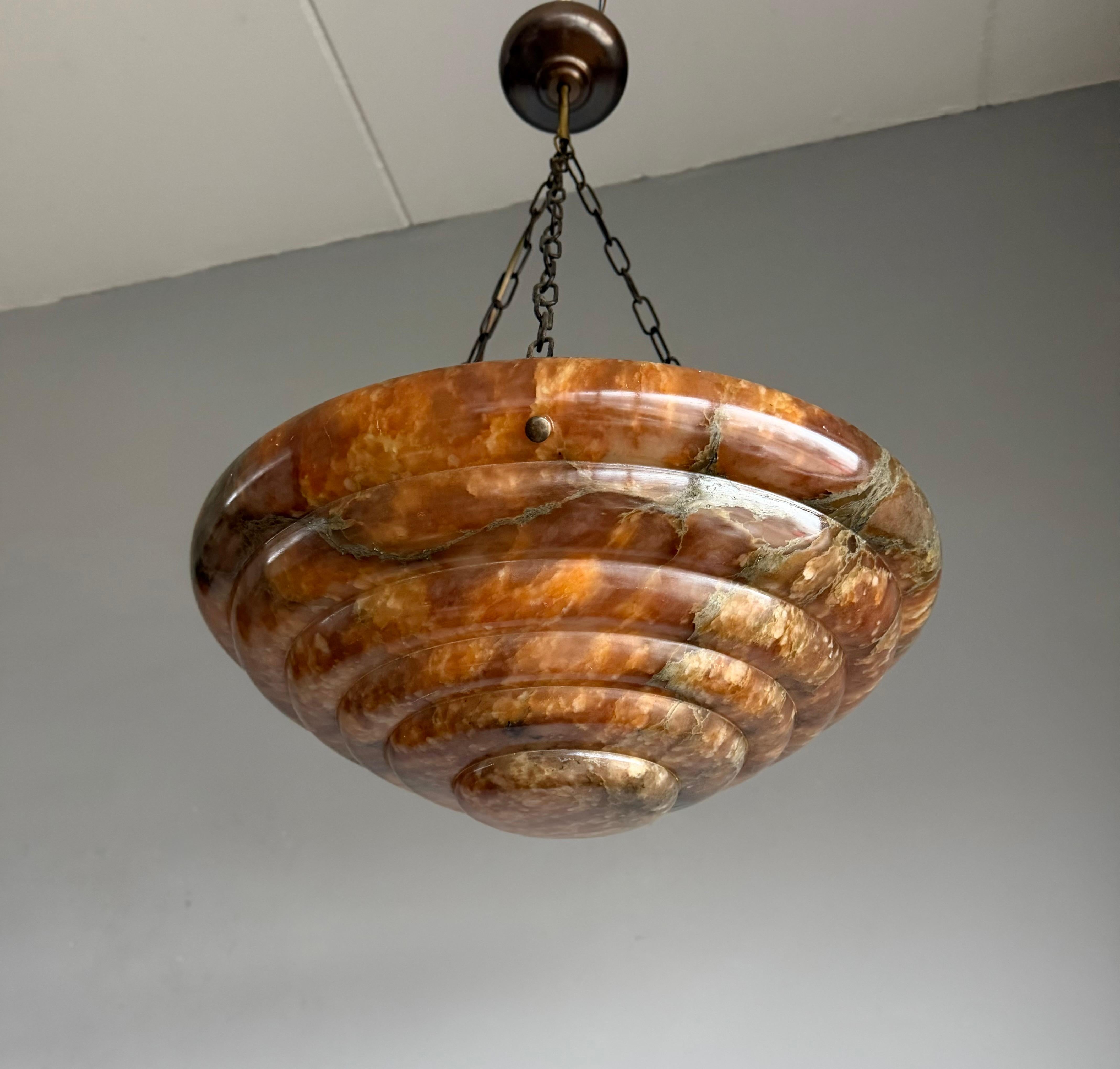 Bronzed Large & Stunningly Layered Art Deco Alabaster Pendant Light, Amazing Colors For Sale