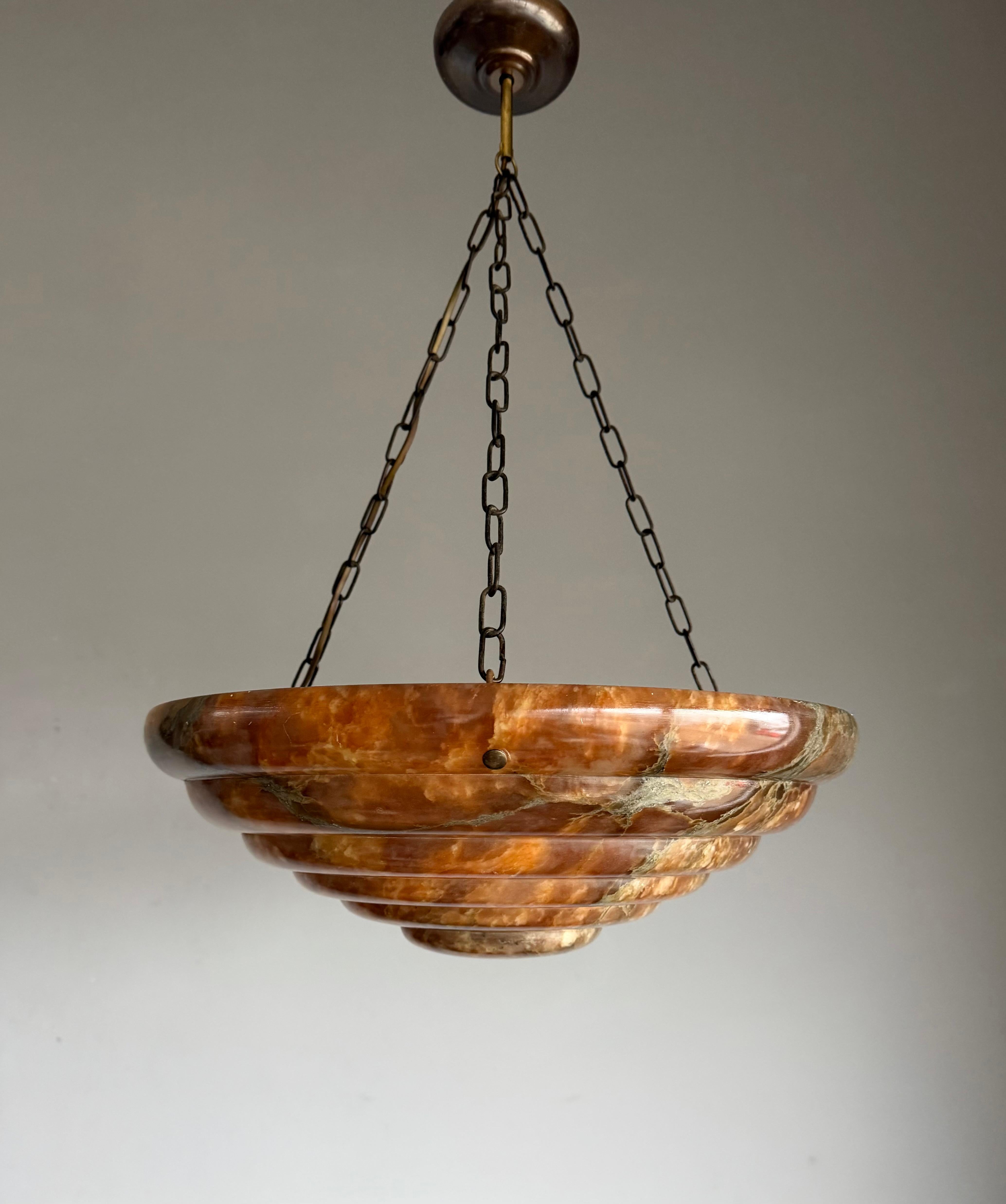 20th Century Large & Stunningly Layered Art Deco Alabaster Pendant Light, Amazing Colors For Sale