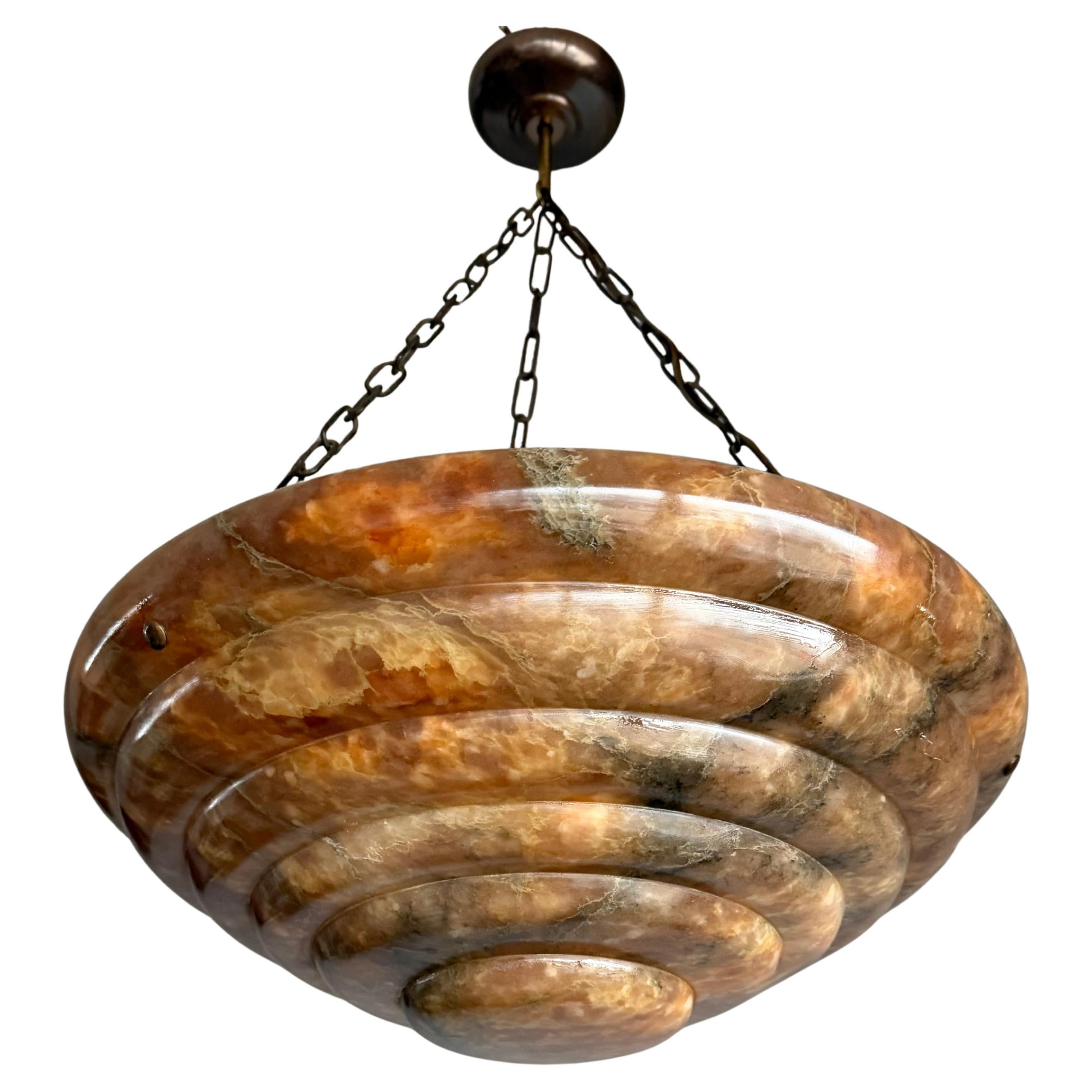 Large 
Stunningly Layered Art Deco Alabaster Pendant Light, Amazing Colors For Sale